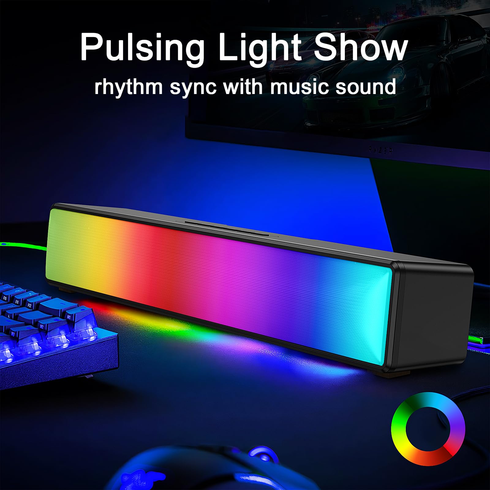 AFK RGB Gaming Sound Bar - USB Powered Computer Speakers with Stereo Sound, Bluetooth 5.1 & 3.5mm Aux-in - Perfect for Desktop PC, Laptop, Gaming Setup & Home Office Entertainment
