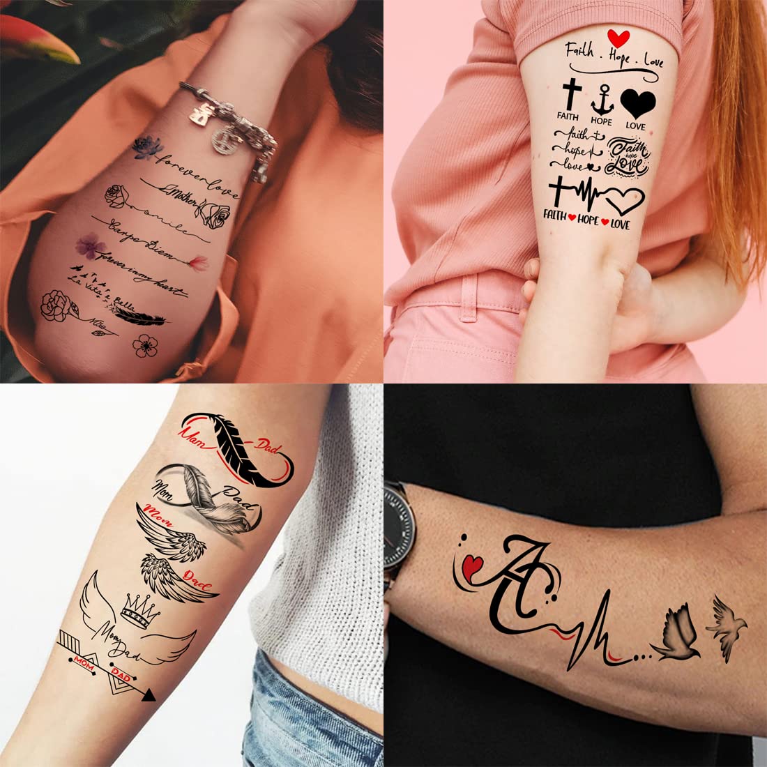 Faith Hope Mom Dad Infinity Temporary Tattoos - Pack of 4 Waterproof Body Art Stickers for Men & Women (2x4 Inch) - Perfect for Parties, Festivals & Family Events