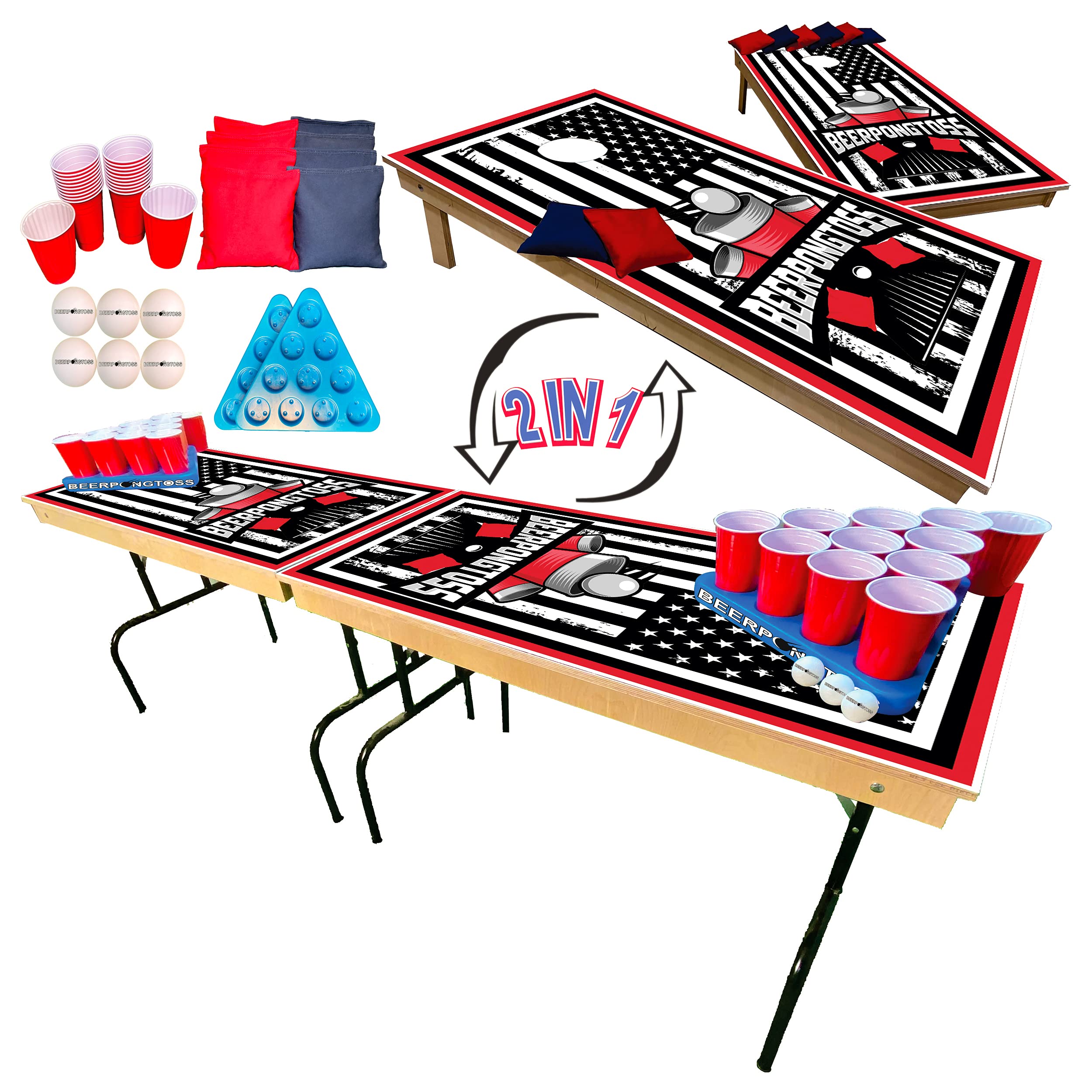 2-in-1 Cornhole & Beer Pong Table Set for Outdoor Games - 8ft Beer Pong Table & 4x2ft Cornhole Boards with 8 Bags, 22 Cups, 6 Balls & 2 Racks - Perfect for College Parties, Tailgating, Backyard BBQs & Outdoor Events