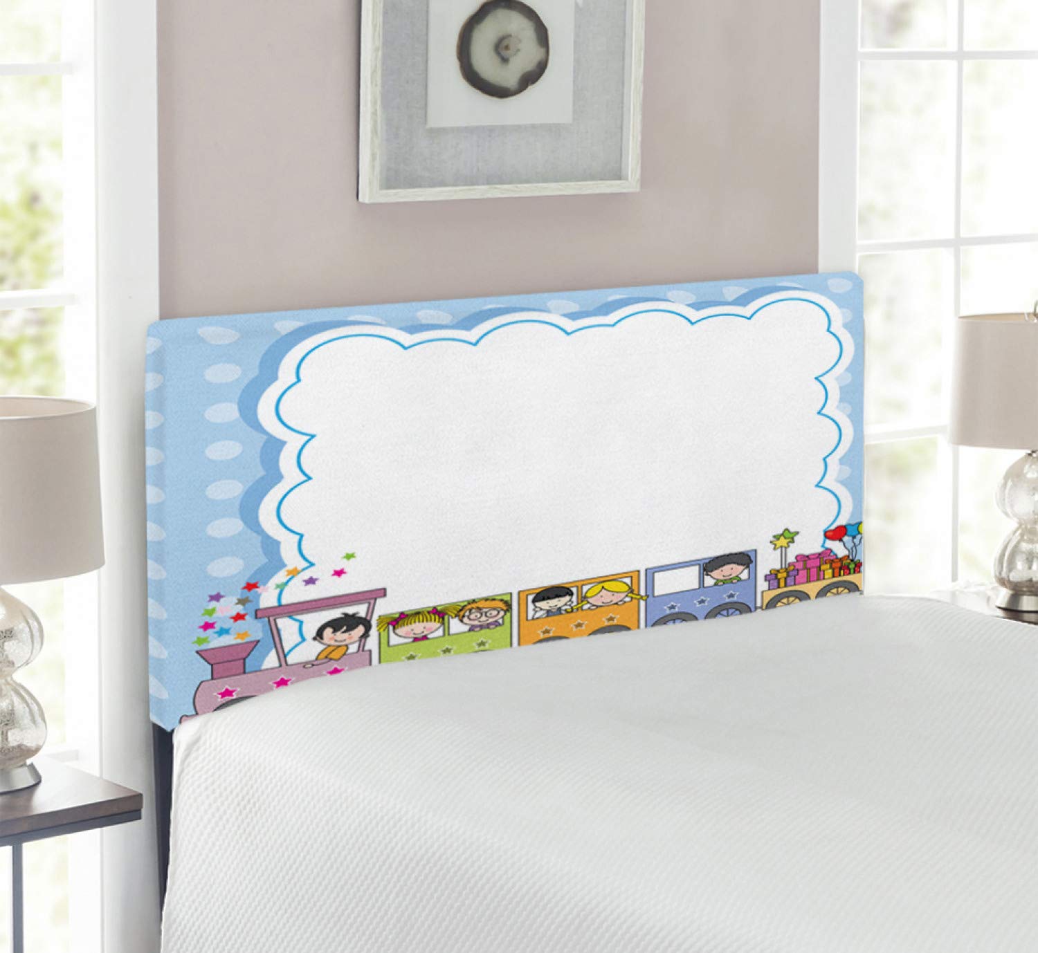 Ambesonne Retro Polka Dot Upholstered Headboard with Memory Foam - Twin Size Locomotive Train & Gift Box Design - Decorative Metal Bed Frame for Kids Room, Nursery or Train-Themed Bedroom Decor