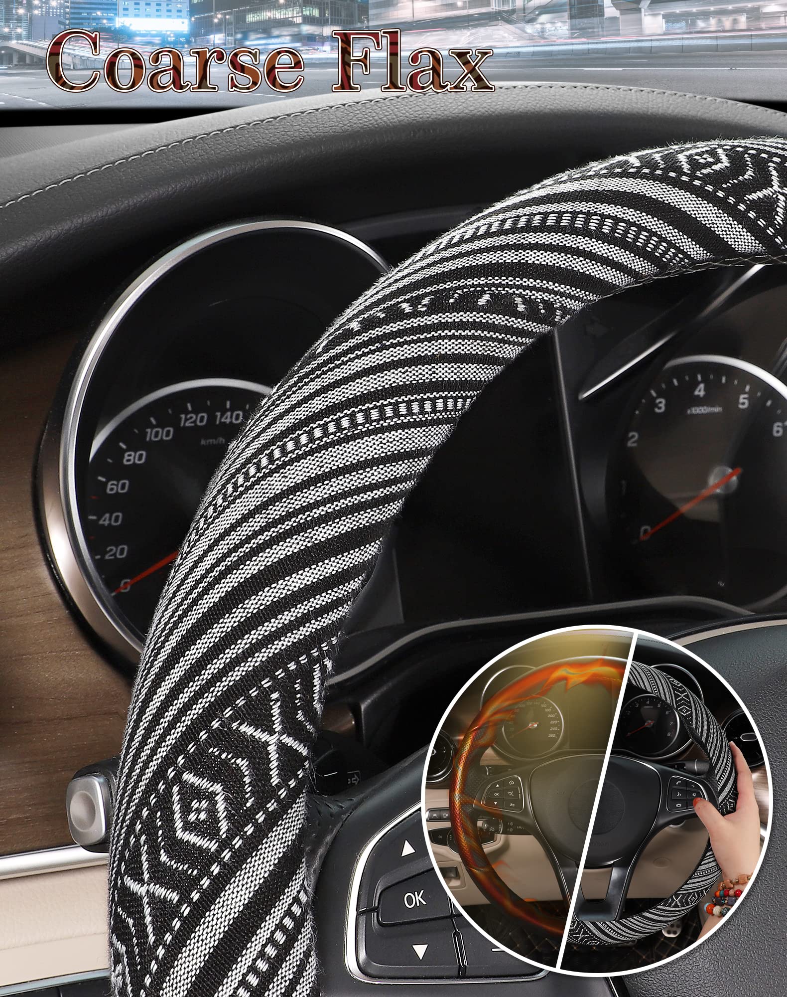Boho Steering Wheel Cover - Ethnic Style Baja Blanket Cloth with Coarse Flax - Fits 14.5-15.25 Inch Car Wheels - Perfect for Hippie, Vintage & Boho Style Car Interiors