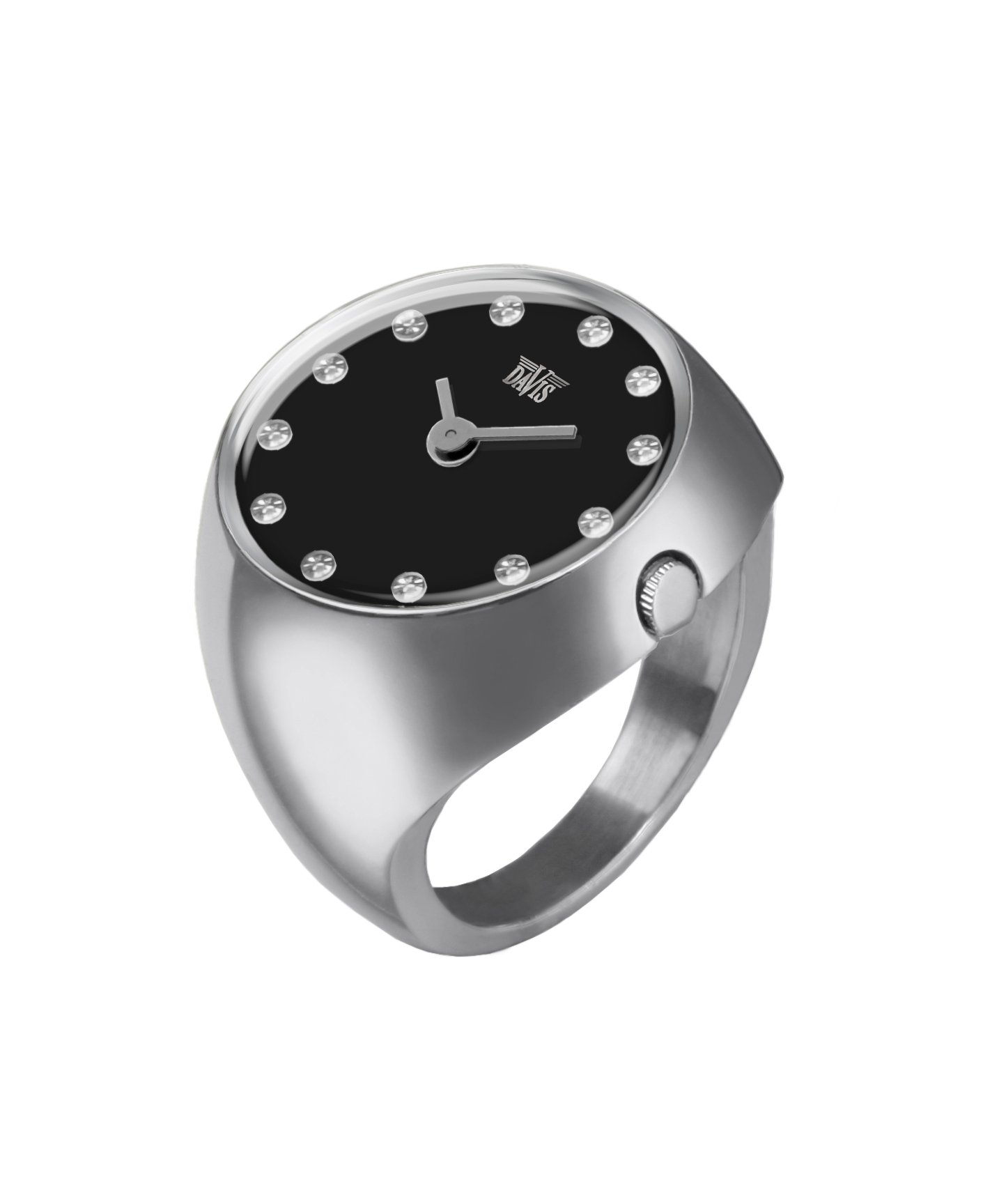Davis 2010S Women's Elegant Finger Ring Watch - Black Dial with Swarovski Crystal Markers, Domed Sapphire Glass, Size 52 - Perfect for Formal Events, Evening Parties & Luxury Gift Giving