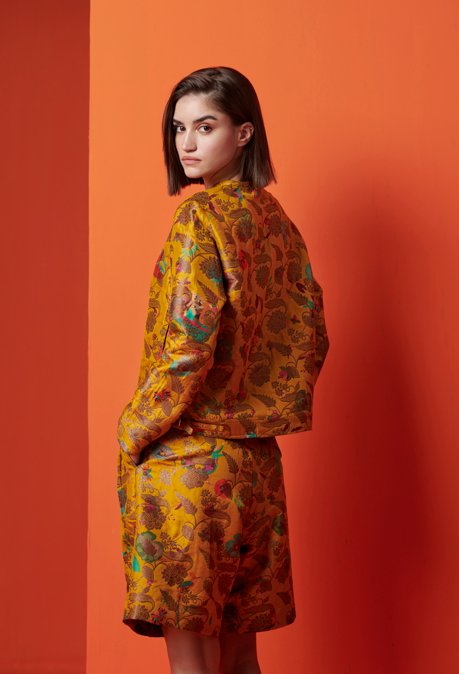 Musafir Jacket - Silk Brocade Mustard Gold Coat for Women | Elegant Traditional Outerwear for Weddings, Parties & Special Occasions