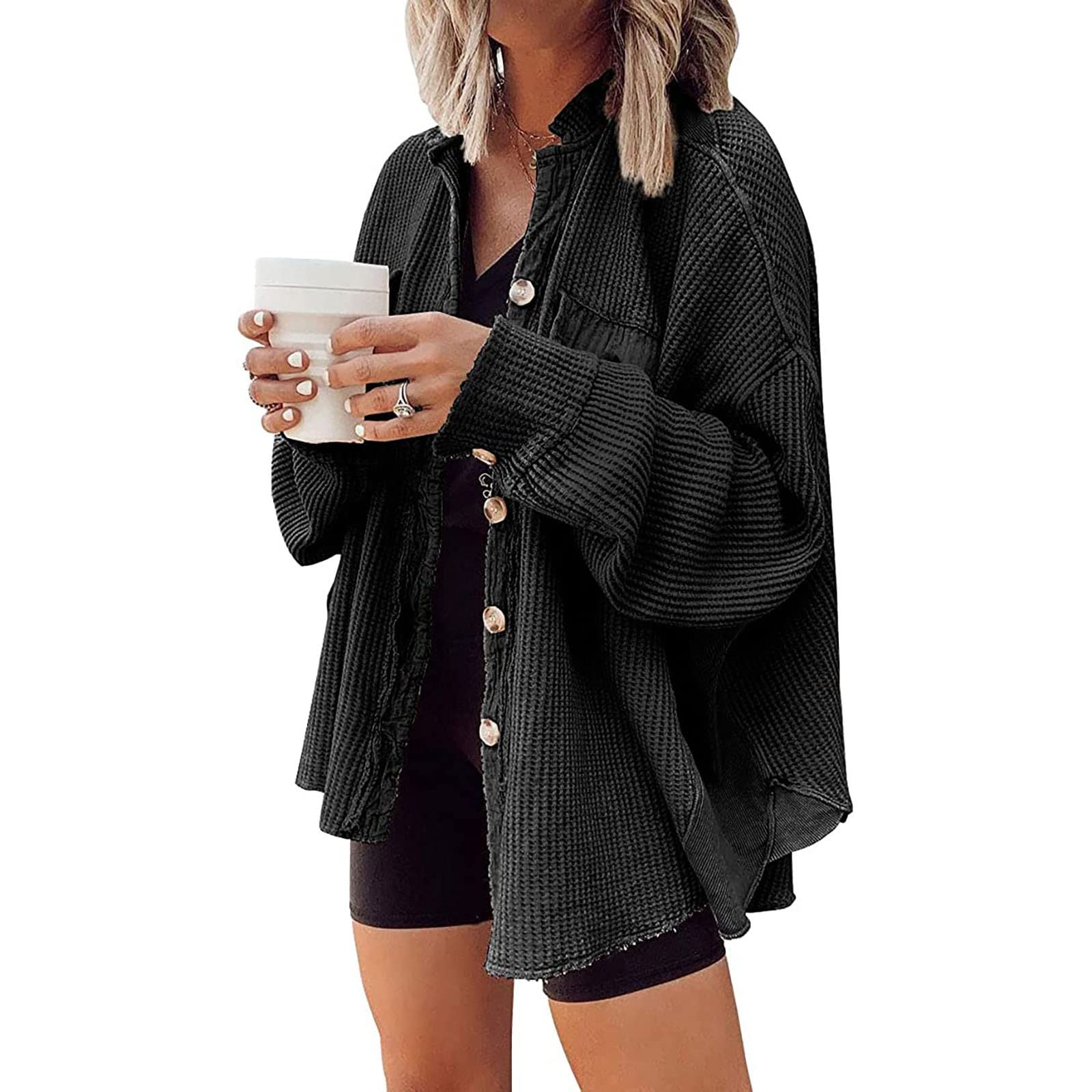 ZEFOTIM Women's Corduroy Shacket Jacket - Solid Color Loose Fit Bat Sleeve Waffle Knit Button Down Shirt | Casual Fall Outerwear for Women, Perfect for Work, Date Night & Weekend Outings