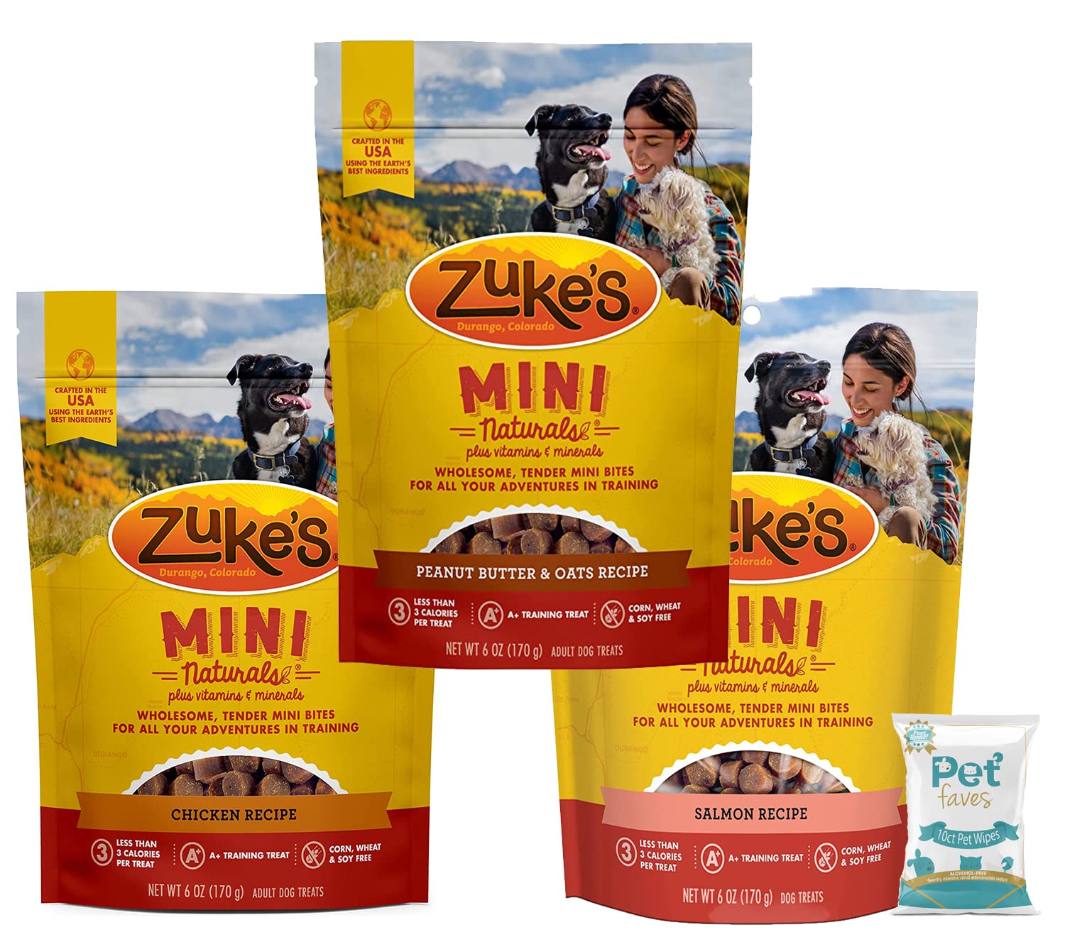 (3 Pack) Zuke Mini Naturals Dog Treats - 3 Flavor Variety (Chicken, Peanut Butter, Salmon) - 6oz Each + 10ct Pet Wipes | Healthy Training Snacks for Small & Medium Dogs | Perfect for Outdoor Adventures, Obedience Training & Daily Rewards