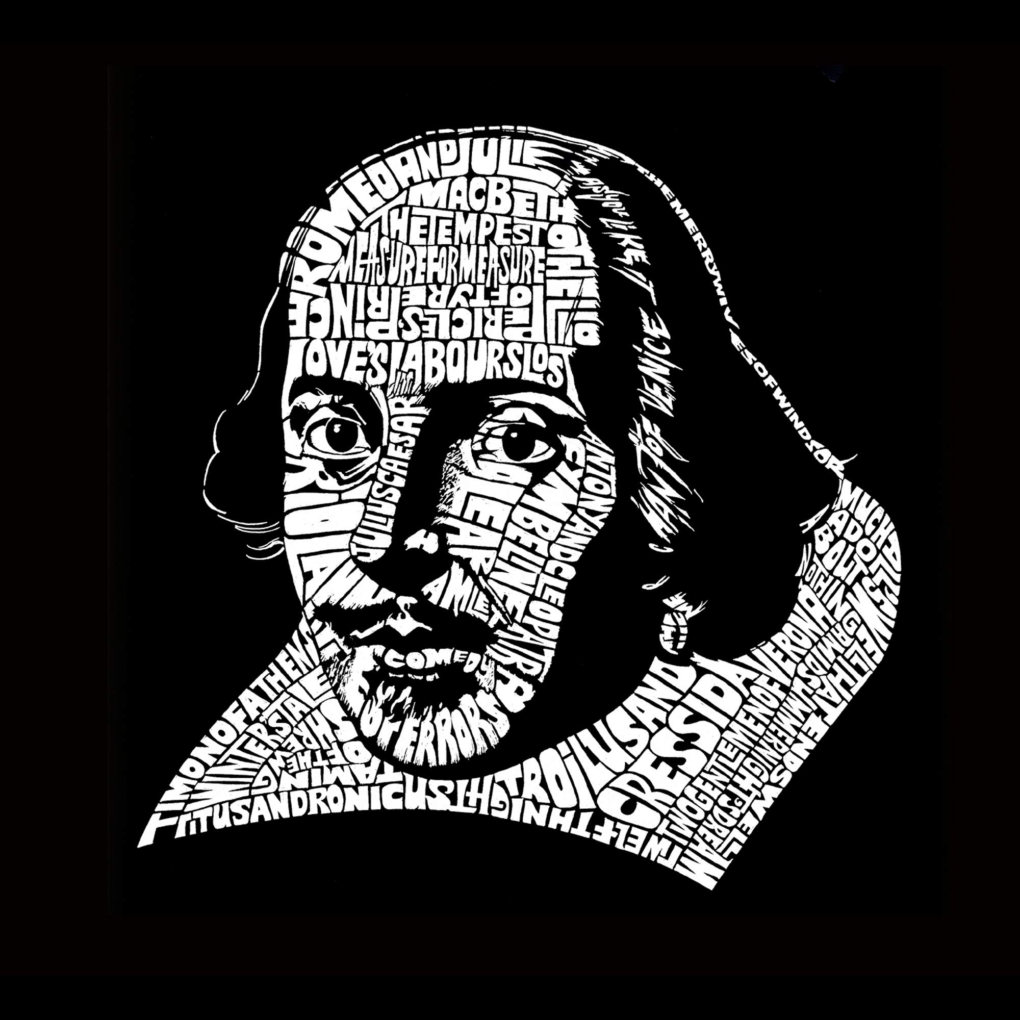 LA POP ART Women's Premium Blend Word Art T-Shirt - Featuring All William Shakespeare's Comedies & Tragedies | Literary Gift for Book Lovers & Theater Fans | Perfect for Shakespeare Festivals, Book Clubs & Theater Events
