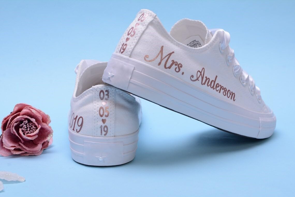 Personalized Rose Gold Foil Wedding Sneakers for Women - Custom Bridal Shoes with Comfortable Cushioning | Perfect for Bridal Showers, Bachelorette Parties & Wedding Receptions