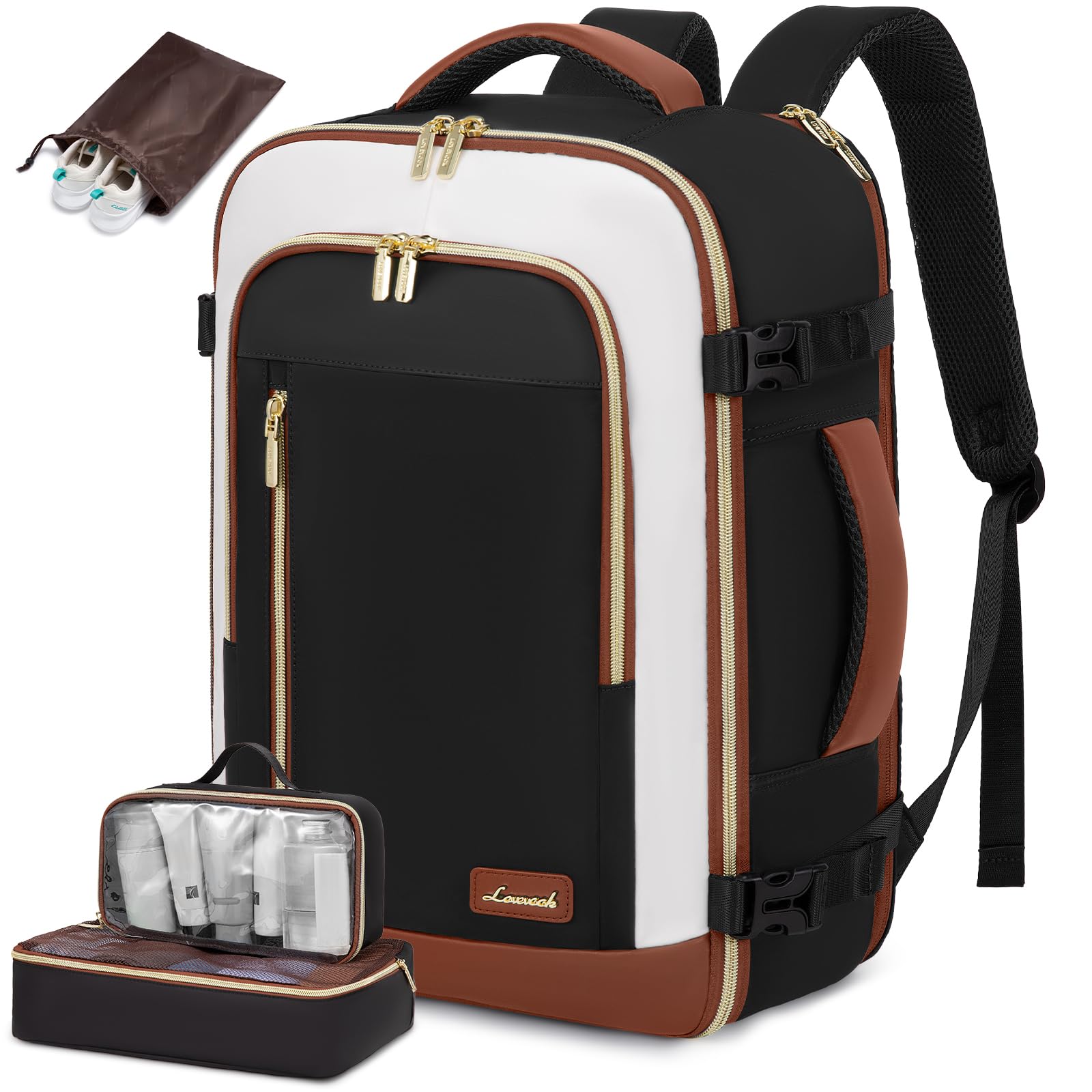 LOVEVOOK 40L Travel Backpack for Women & Men - Waterproof Carry On Backpack with 3 Packing Cubes, Business Weekender Overnight Bag, Fits 17 Inch Laptop (Black/Beige) - Perfect for Air Travel, Business Trips & Weekend Getaways