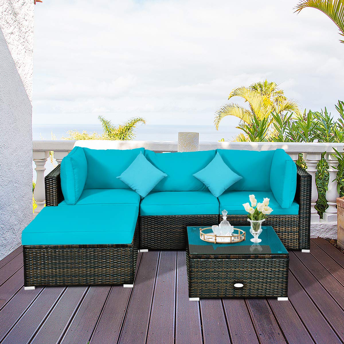 HappyGrill 5-Piece Patio Conversation Set - Outdoor Rattan Wicker Furniture with Sectional Sofa, Ottoman, Coffee Table & Cushions - Perfect for Garden, Lawn, Balcony, Backyard & Poolside Relaxation