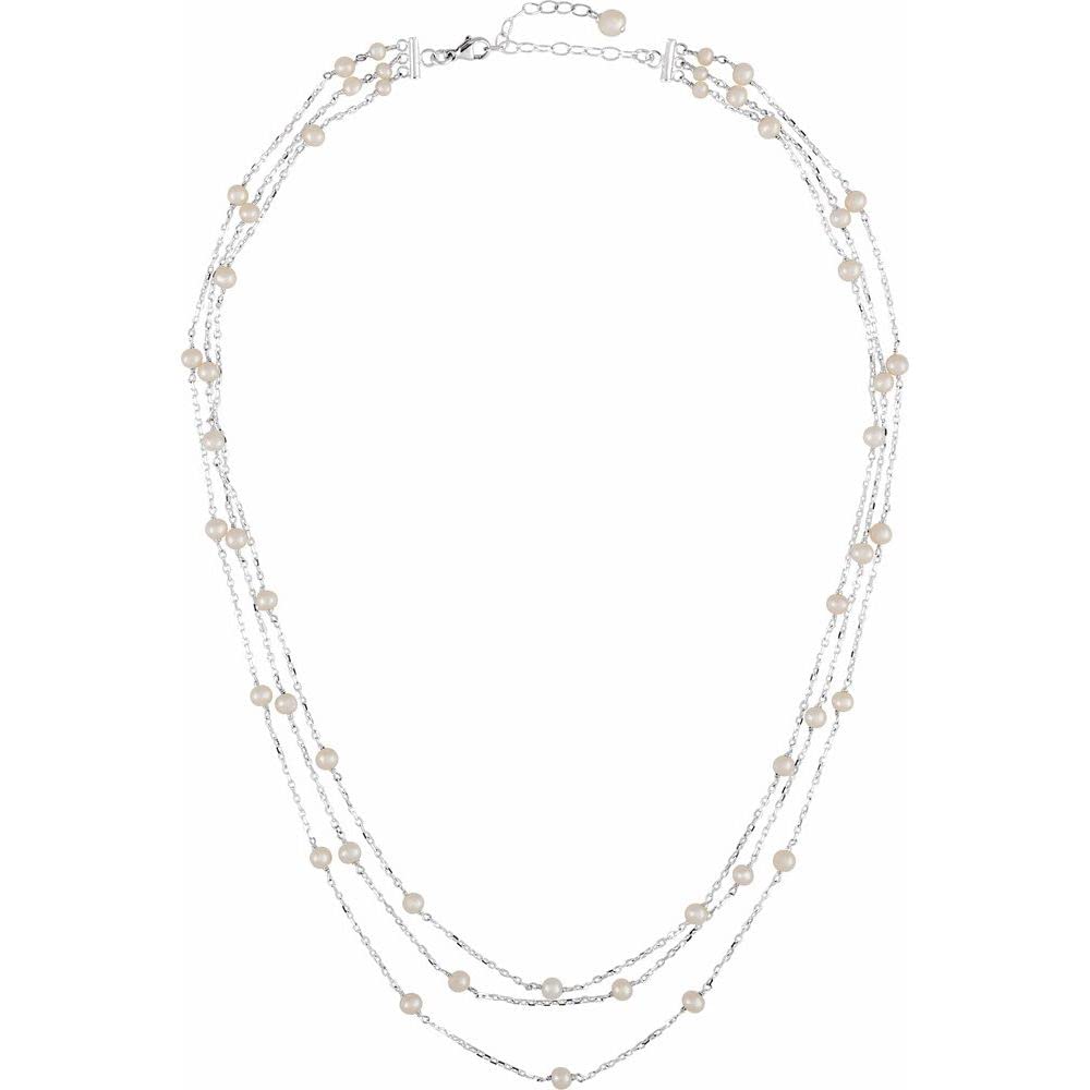 Genuine Freshwater Cultured Pearl 3-Tiered 17 Inch Sterling Silver Charm Pendant Necklace for Women - 4.4mm Width - Perfect for Weddings, Anniversaries & Special Occasions