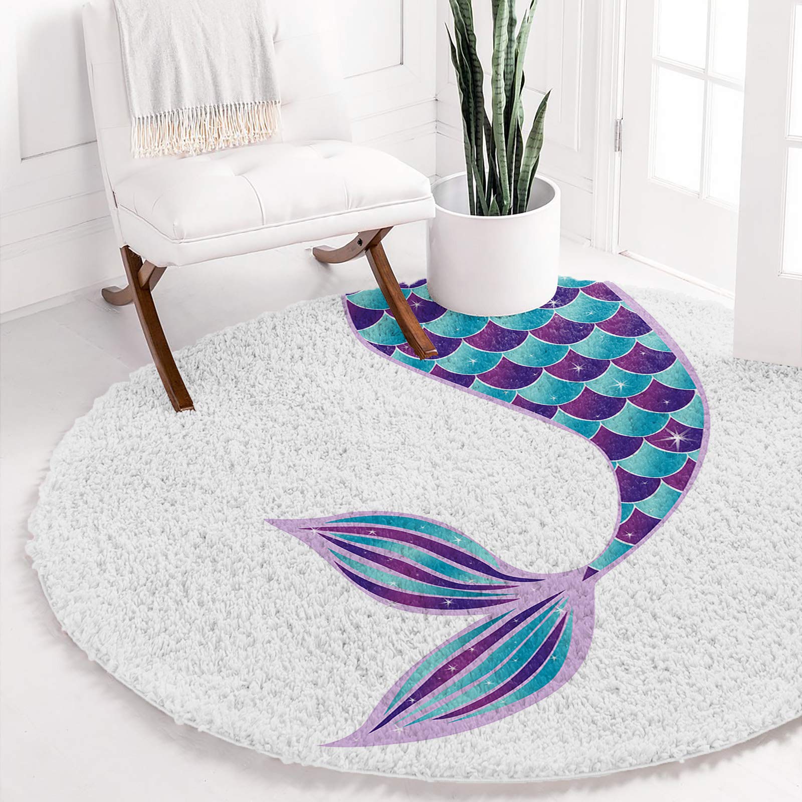 Soft Fluffy Round Area Rug with Summer Ocean Mermaid Tail Design - Non-Slip Shaggy Carpet in Teal Scales on White for Living Room, Bedroom & Nursery - Perfect for Coastal Decor, Kids Room Flooring & Home Decoration (48 Inch)