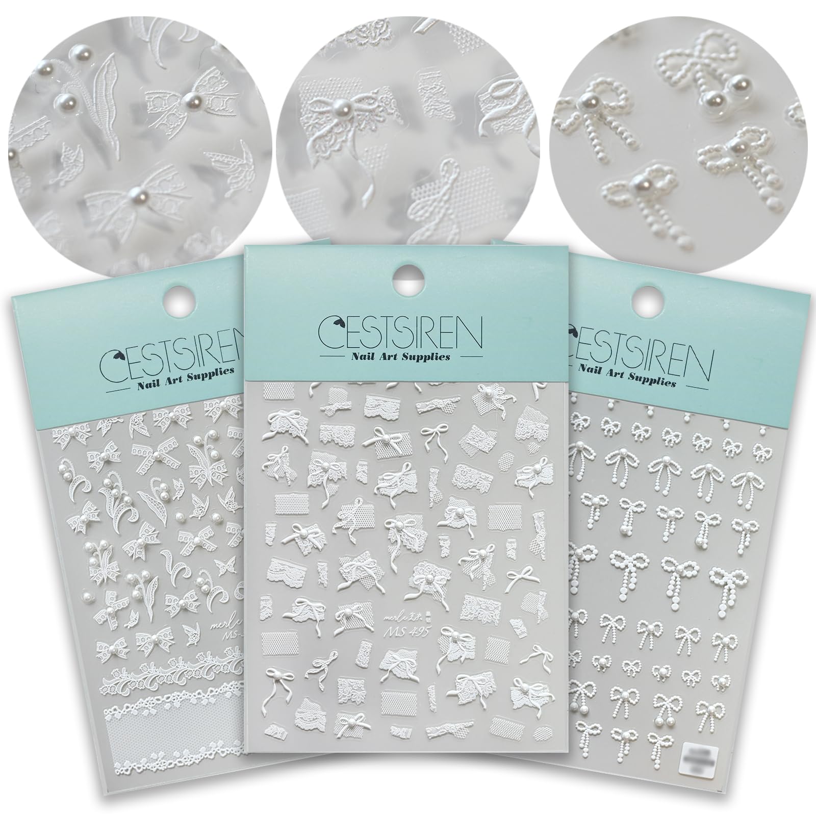 White Bow Ribbon Nail Art Stickers with Pearl Lace Rhinestones - Self-Adhesive Nail Decals for Women, Embossed Nail Design Accessories (3 Sheets) - Perfect for Bridal, Party & Salon Nail Art