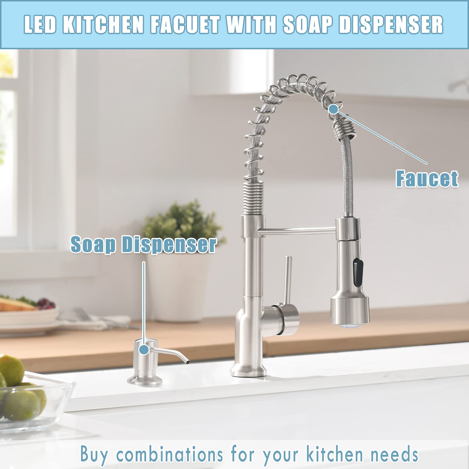 Modern LED Kitchen Faucet with Pull Down Sprayer & Soap Dispenser - Perfect for Cooking & Cleaning