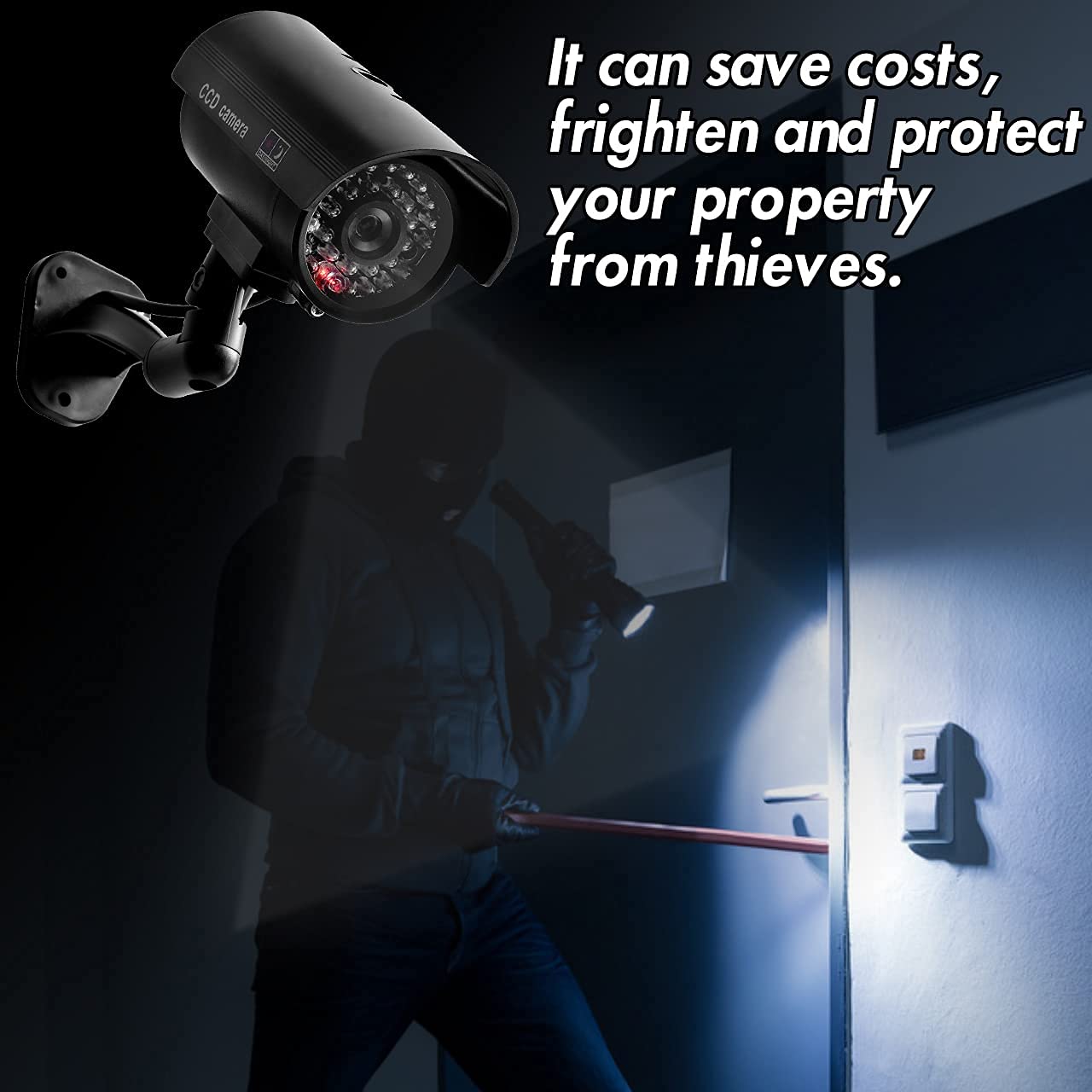 **4 Pack Fake Security Camera with No Trespassing Signs - Dummy Surveillance Camera with Realistic LED Red Light & Warning Stickers - Indoor/Outdoor Use for Home, Yard, Garage, Office (Set of 8)**