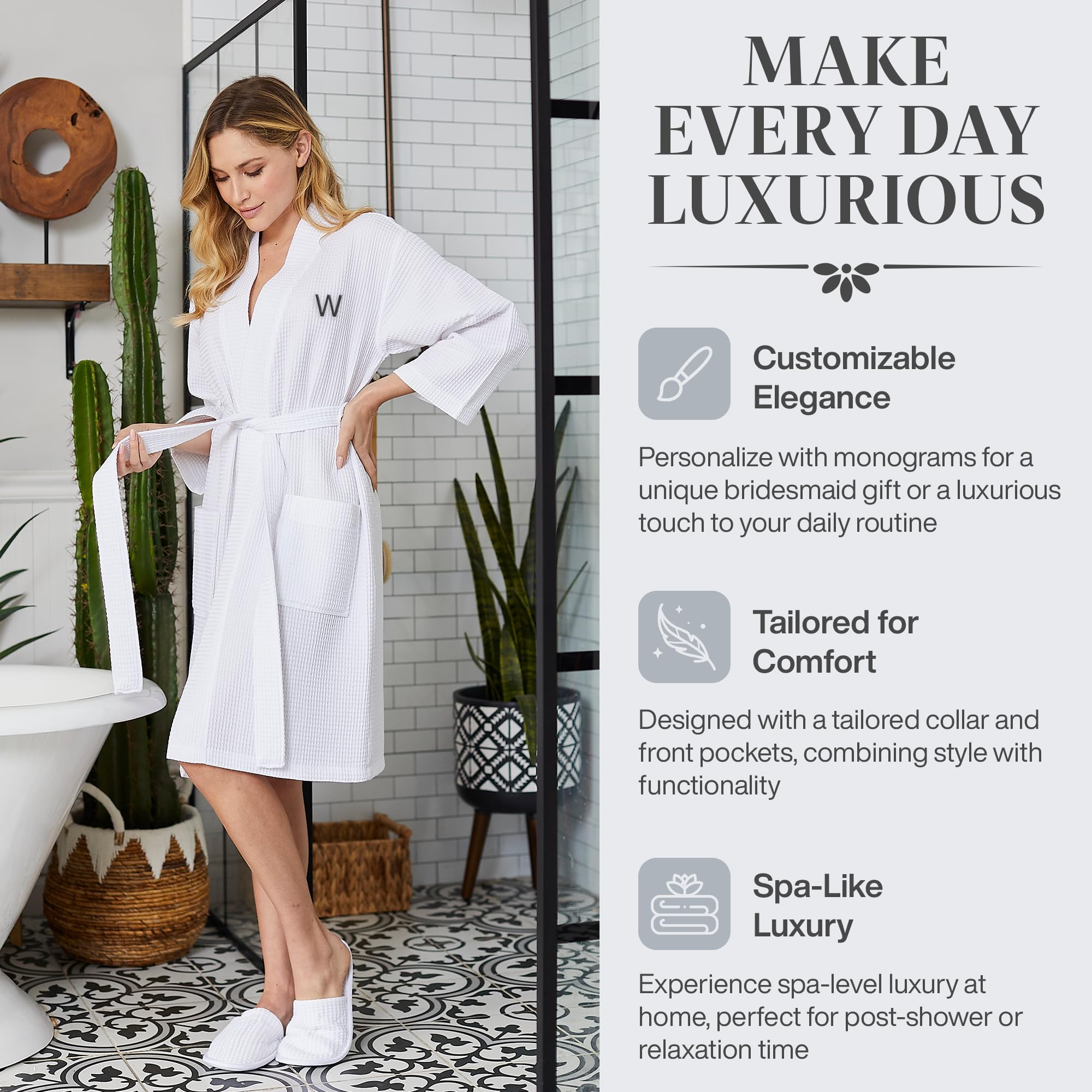 Lotus Linen Women's Lightweight Waffle Kimono Robe - Soft Cotton Spa Bathrobe with Knee Length Design - Personalized Bridesmaid Gift Set for Wedding, Bachelorette Party & Relaxing at Home