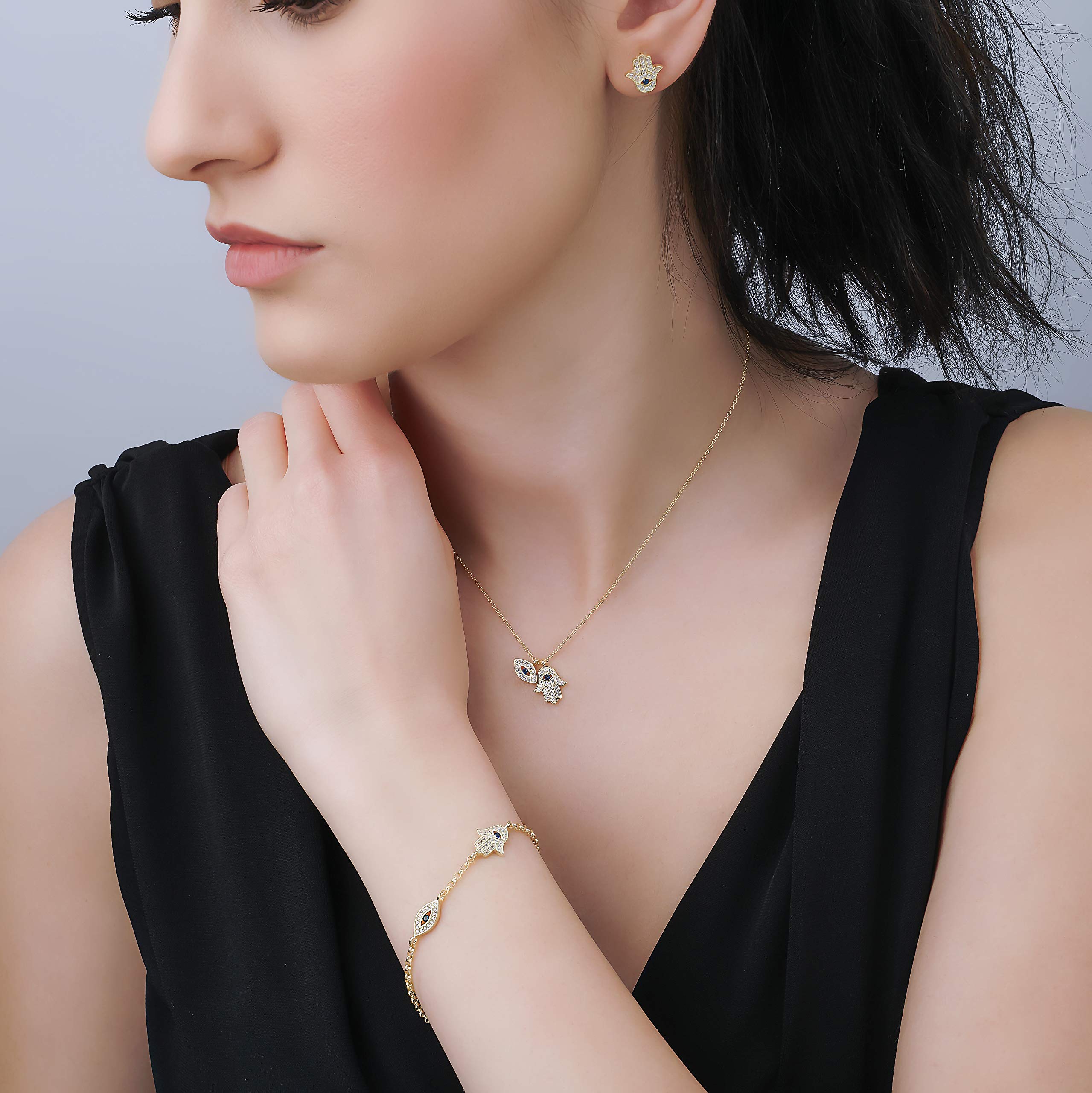 18K Gold Plated 925 Sterling Silver Jewelry Set with Zirconia - Handmade in Istanbul | Protection Pendant, Earrings, Bracelet & Choker Necklace for Women | Elegant Gift Box Included | Perfect for Weddings, Anniversaries & Special Occasions