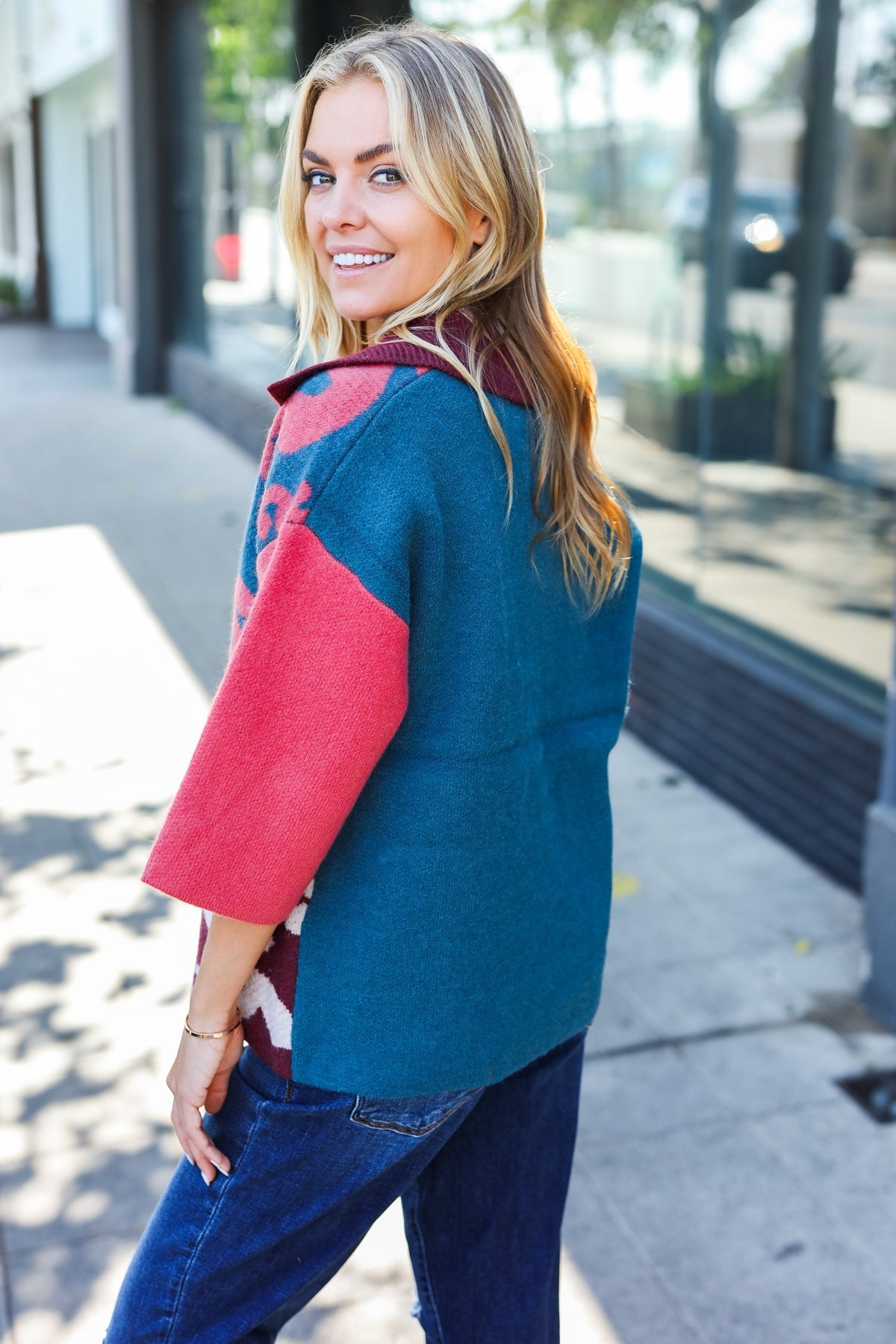 Stylish Wine Abstract Print Color Block Collar V-Neck Sweater for Women | Trendy Pullover for Fall & Winter | Perfect for Office, Date Night & Casual Outings