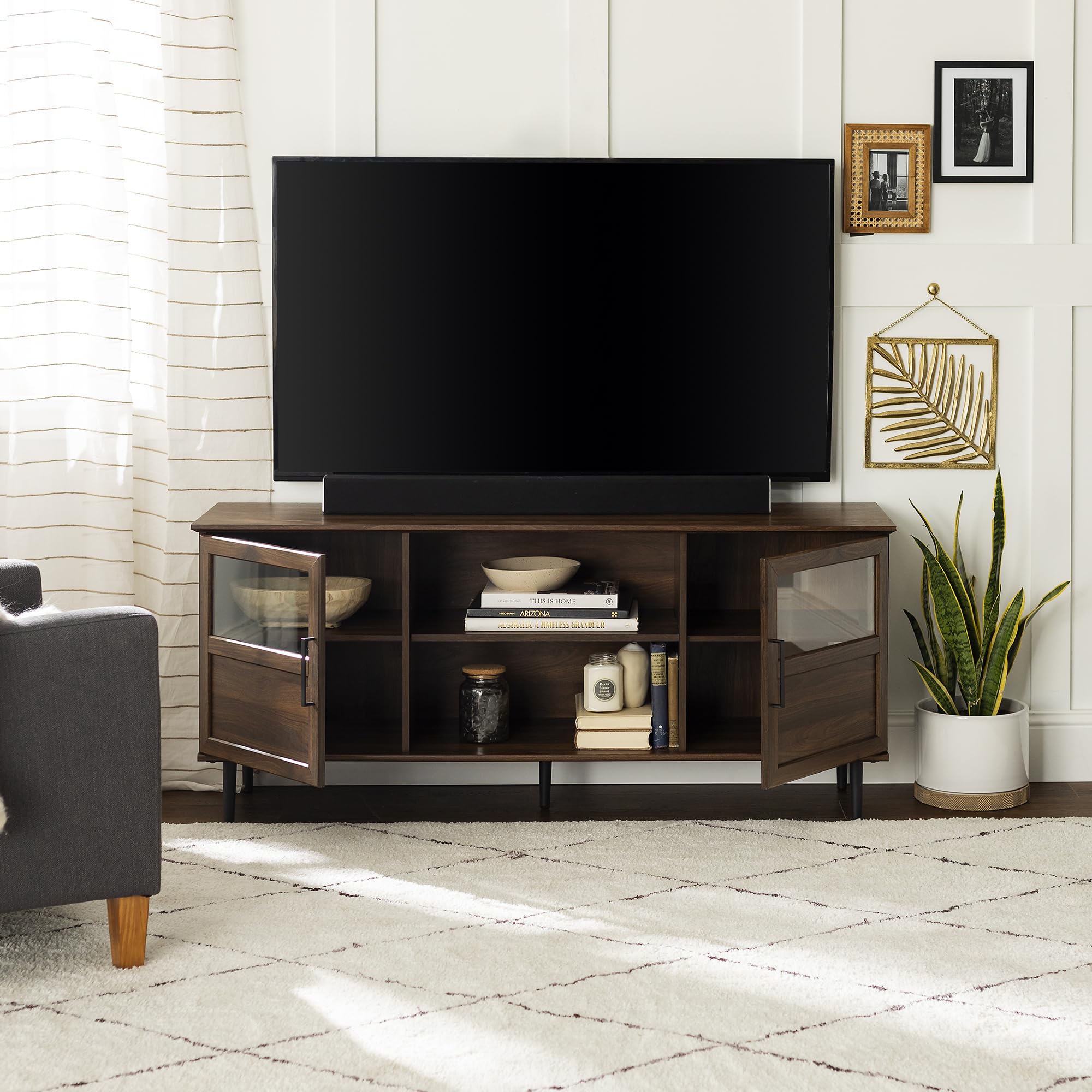 Walker Edison 58 Inch Modern Farmhouse TV Stand with 2 Cabinet Doors - Wood & Glass Entertainment Center for 65