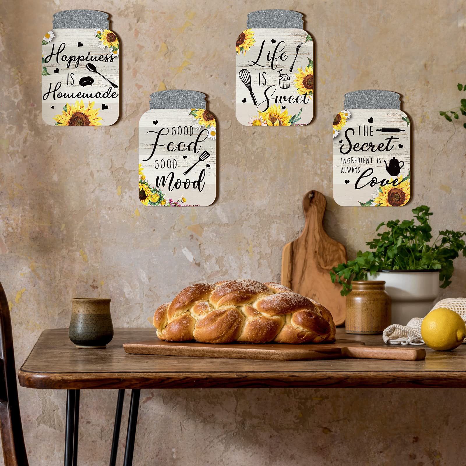 Qunclay 4-Piece Rustic Mason Jar Wall Decor - Farmhouse Kitchen Signs & Hanging Plaques (6x4in, Sunflower) for Home & Dining Room