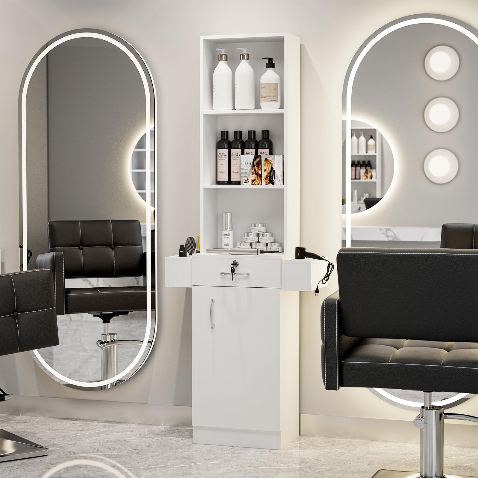 Professional Hair Salon Storage Station - White Barber Cabinet with 3 Open Shelves, 1 Lockable Drawer & 6 Hair Dryer Holders | Stylist Equipment Organizer for Salon, Barbershop & Home Beauty Station