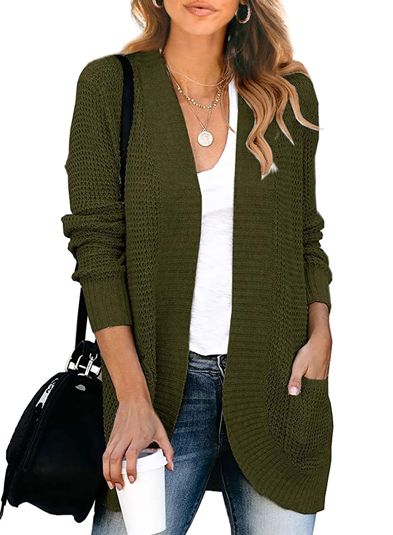 KIRUNDO Women's Chunky Knit Cardigan Sweater - Open Front Long Sleeve Loose Waffle Knit Sweater with Pockets for Fall Winter 2023 | Cozy Layering for Office, Casual Outfits & Coffee Dates