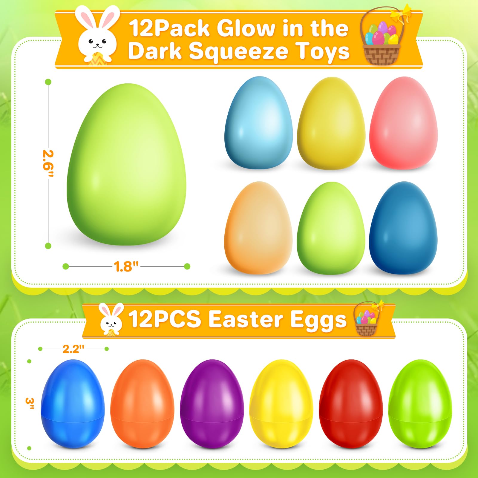 12pcs Glow in The Dark Easter Eggs with Squeeze Toys - Prefilled Easter Egg Hunt Set for Kids, Easter Basket Stuffers, Party Favors & Stress Relief Gifts - Perfect for Easter Celebrations, Egg Hunts & Fun Family Activities
