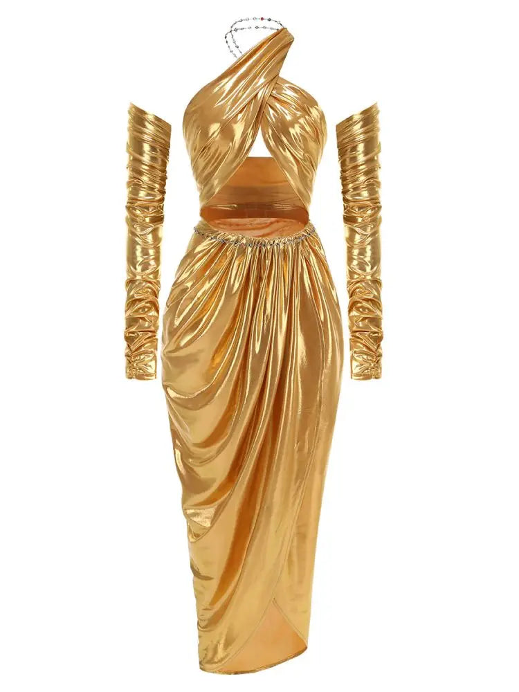 Golden Women's Sexy Halter Off-Shoulder Bodycon Long Dress with Gloves - Elegant Evening Gown for Cocktail Party, Birthday, Night Out & Special Occasions