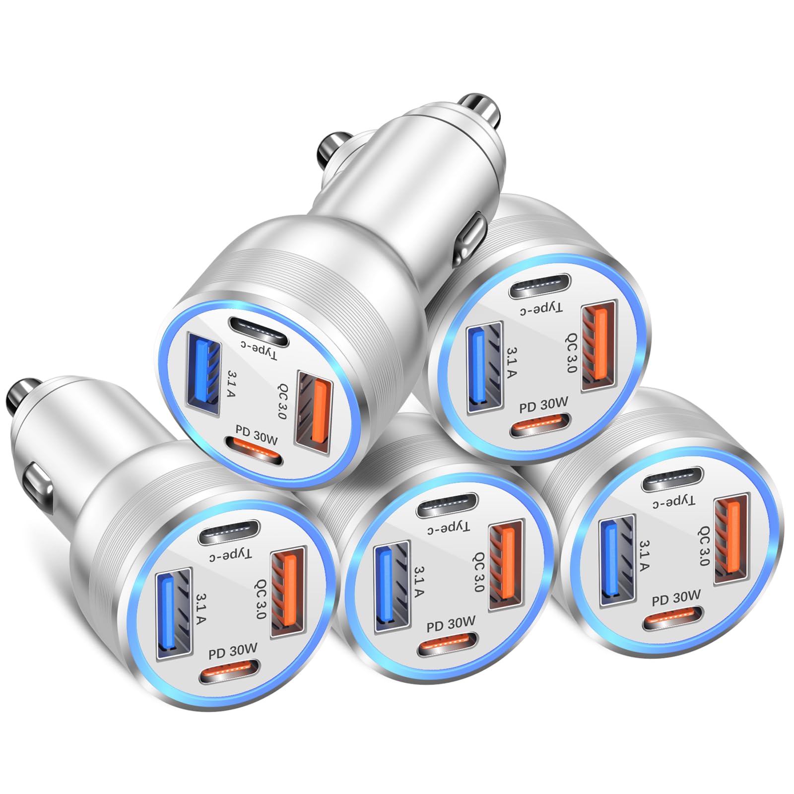 65W 4-Port USB C Car Charger 5 Pack with QC+PD 3.0 Fast Charging - Dual 12V Cigarette Lighter Adapter for iPhone 16/15/14/13/12/11 Pro Max, iPad & Samsung Galaxy - Silver - Perfect for Road Trips & Multi-Device Charging in Cars, Trucks & SUVs