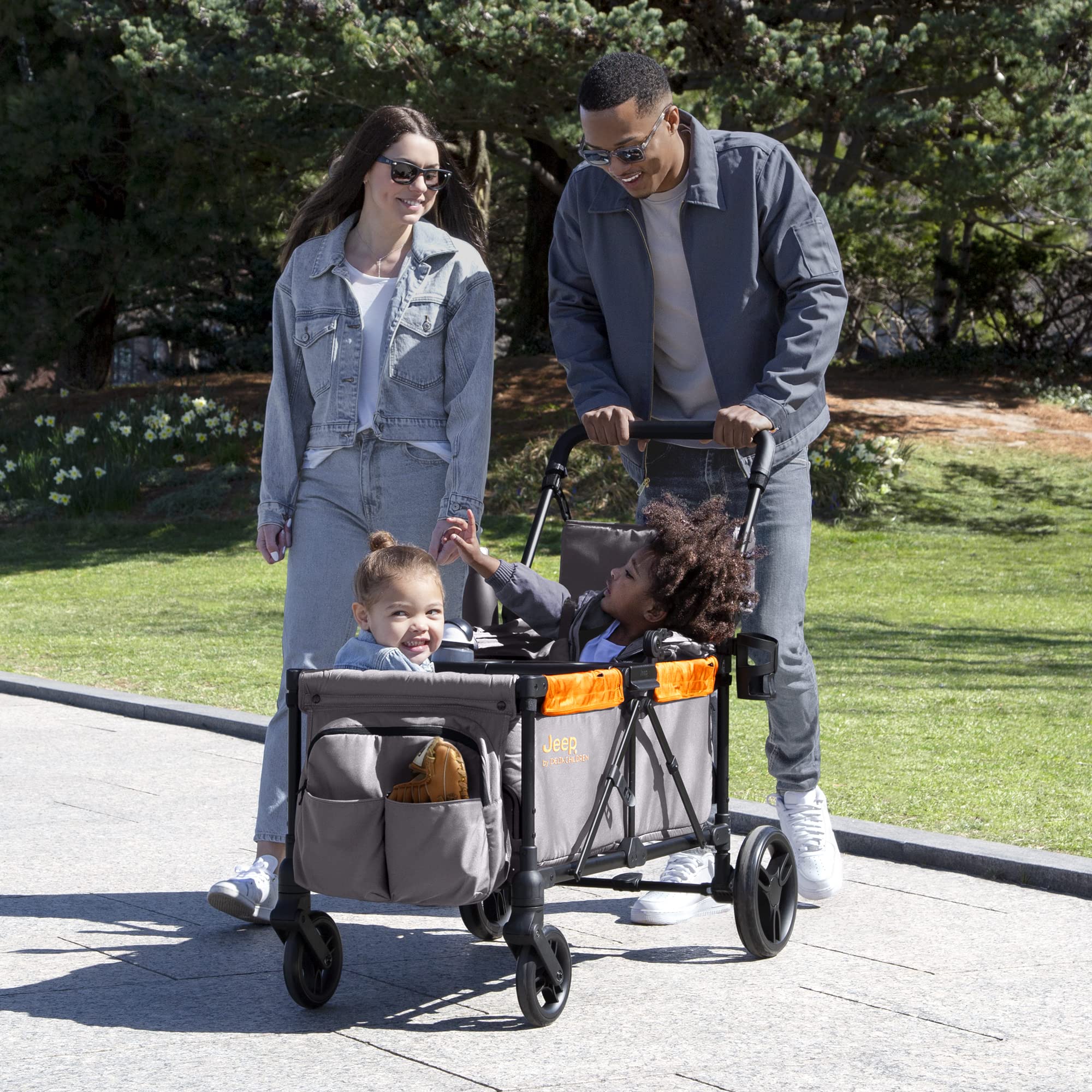 Delta Children Jeep Sport All-Terrain Stroller Wagon with Canopy, Parent Organizer & Snack Tray - Adjustable Handlebar, Cup Holders - Grey/Bonfire - Perfect for Outdoor Adventures, Beach Trips & Family Outings