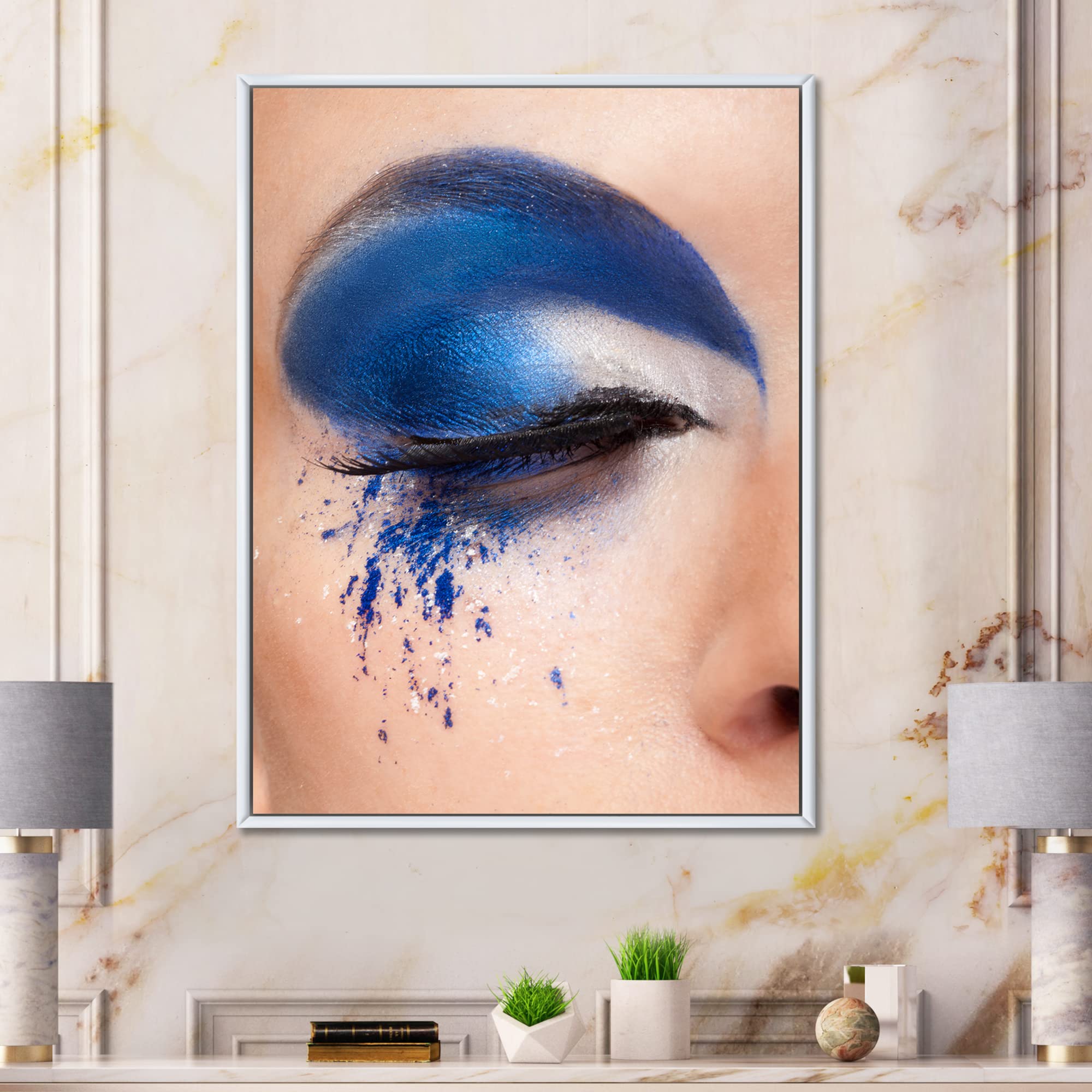 DesignQ Closed Eye Blue Fantasy Makeup Modern Framed Canvas Wall Art Print - Perfect for Living Room, Bedroom & Office Decor