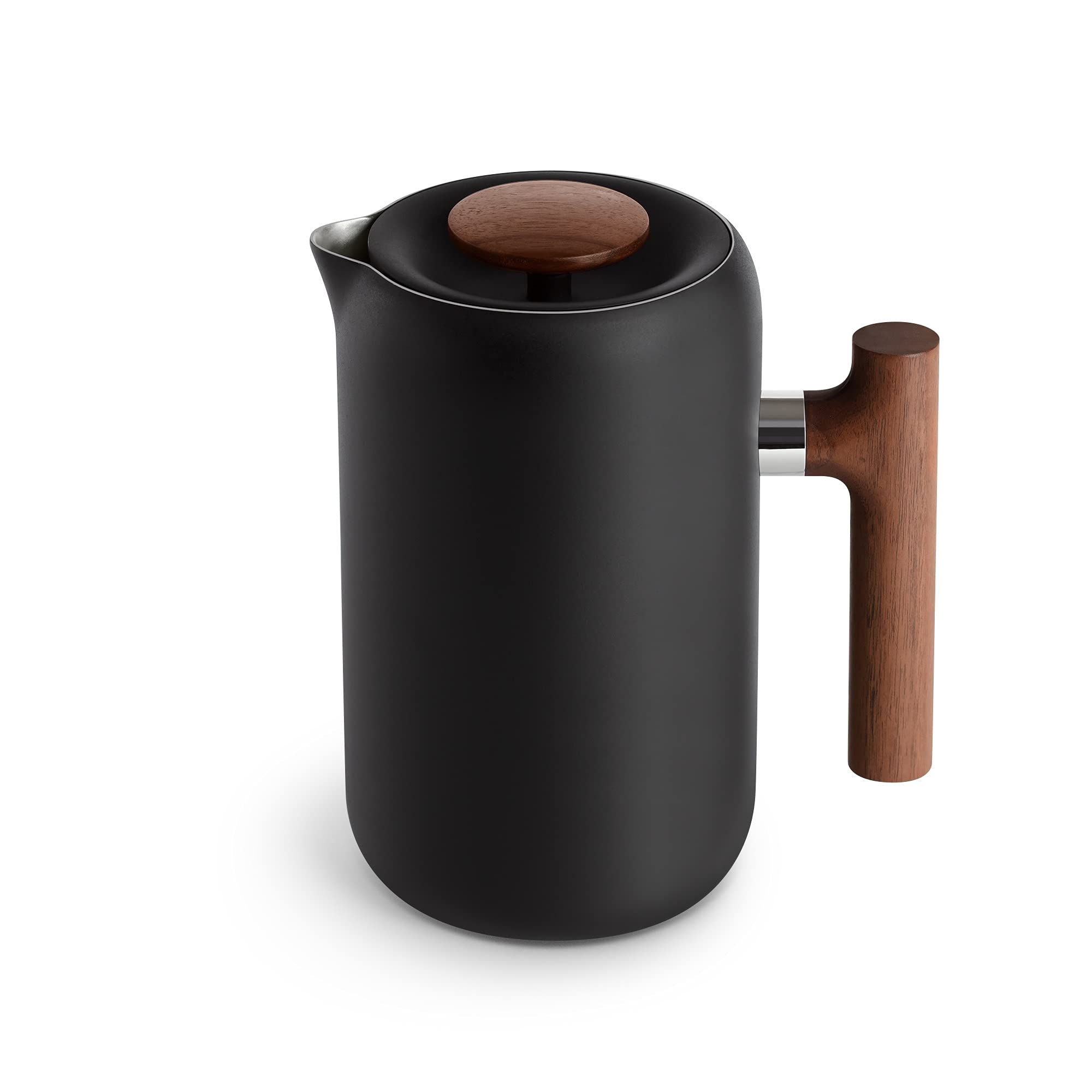 Fellow Clara French Press Coffee Maker - Stainless Steel Insulated Manual Coffee Brewer, 24 oz Portable Carafe, Matte Black with Walnut - Perfect for Home, Office & Travel Coffee Brewing