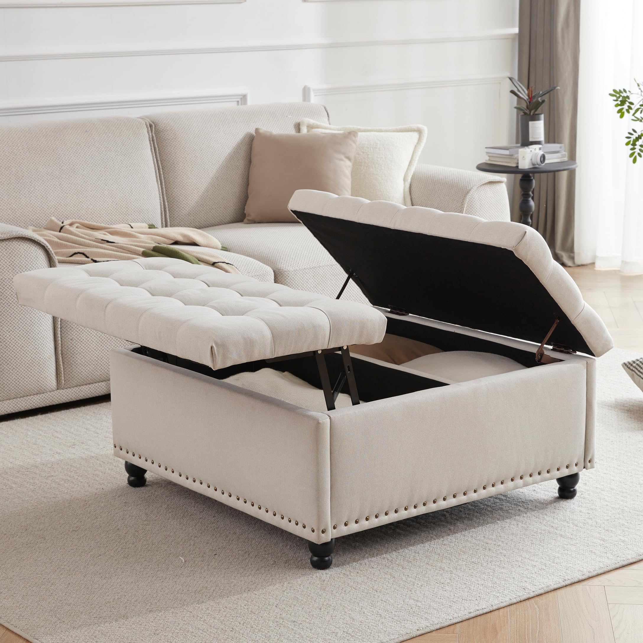 Tbfit Large Square Storage Ottoman Bench with Lift Top - Tufted Upholstered Coffee Table with Solid Wood Legs, Oversized Toy Storage Box for Living Room, Bedroom & Nursery (Beige) - Perfect for Home Organization, Extra Seating and Hidden Storage