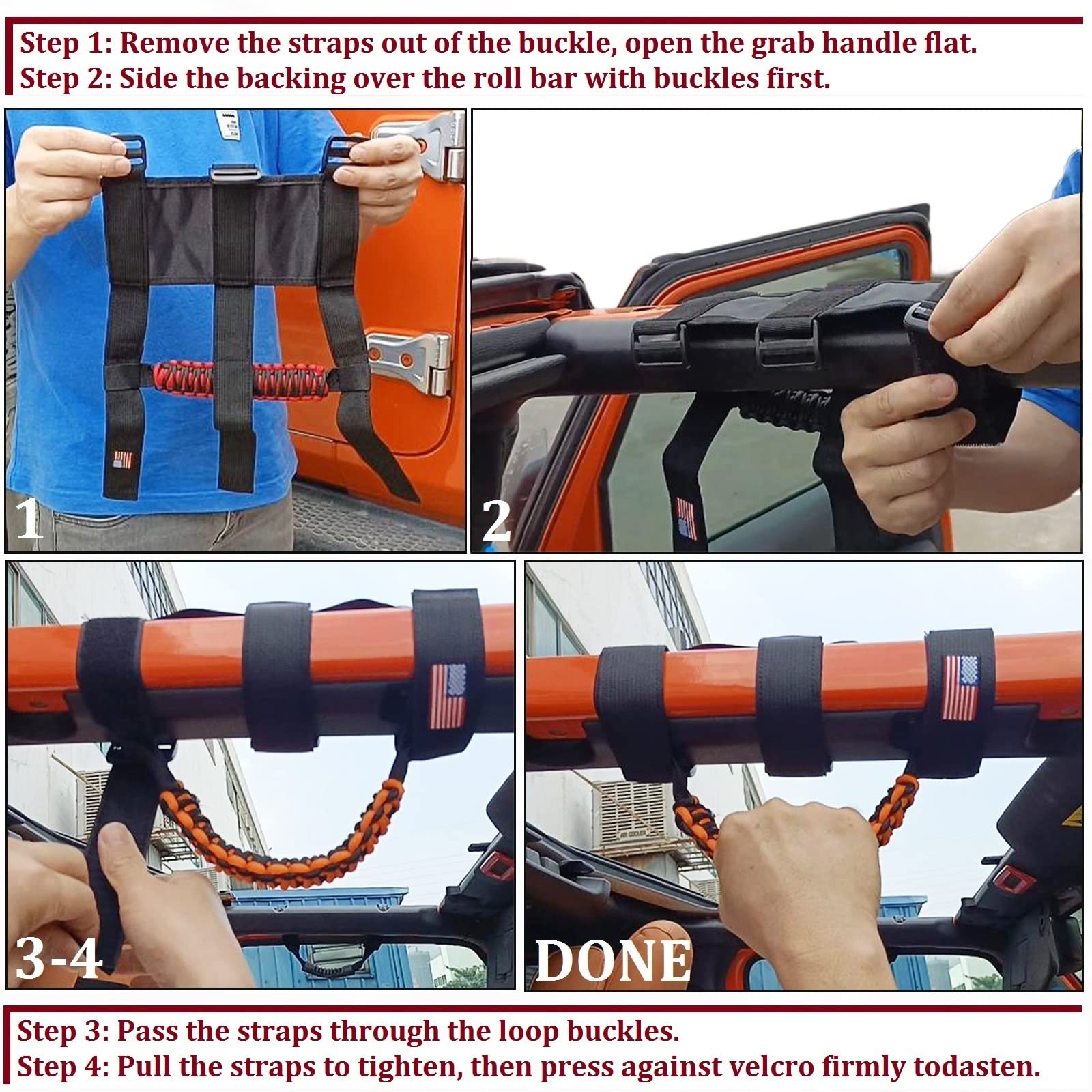 Jeep Roll Bar Grab Handles with US Flag Design - Compatible with Wrangler YJ TJ JK JKU JL JLU & Gladiator JT (1955-2023 Models) - Black 4-Piece Set - Off-Road Accessories for Enhanced Safety & Style