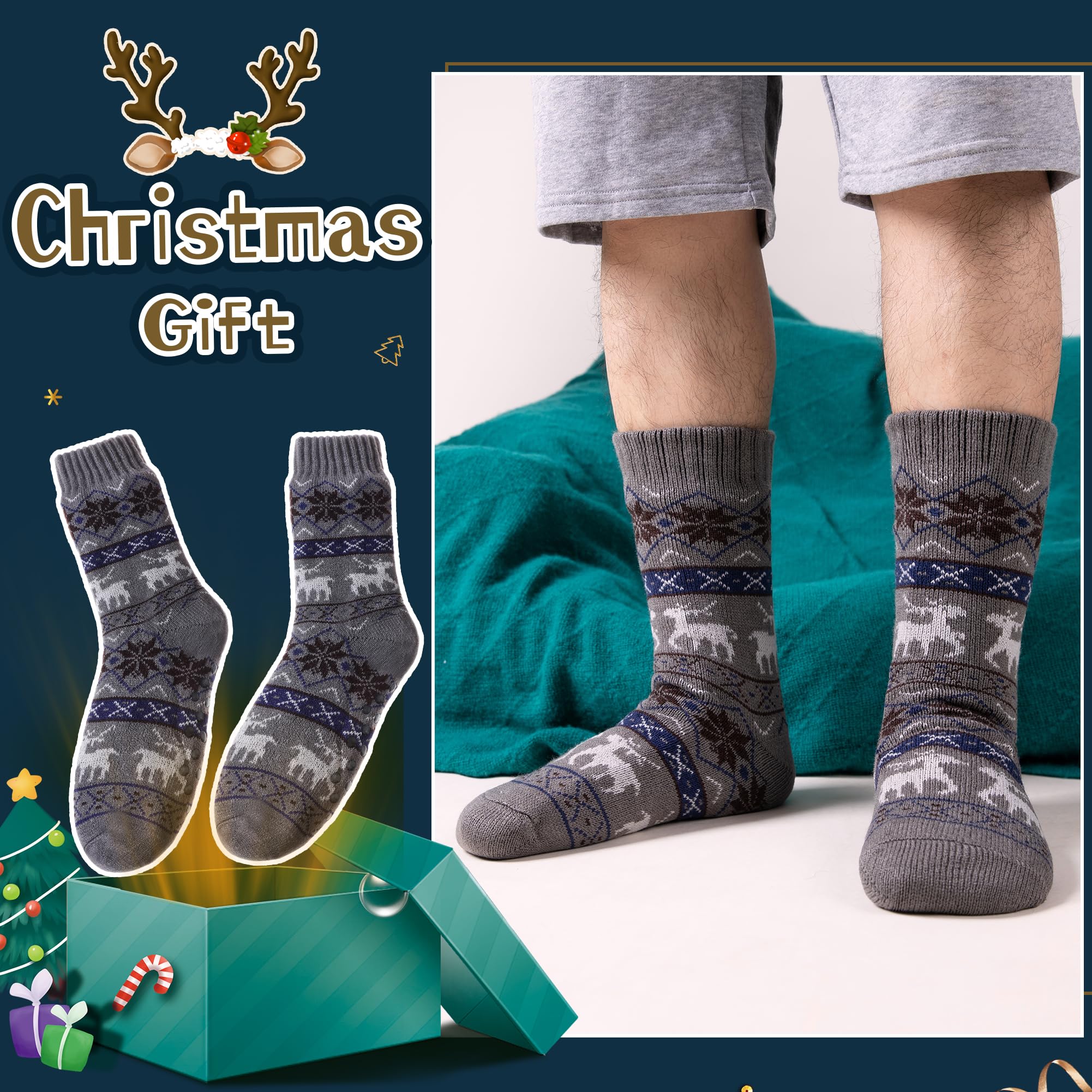 Men's Fleece Lined Thick Winter Slipper Socks - Non-Slip Fuzzy Warm House Shoes for Indoor Comfort & Cozy Sleeping - Perfect for Cold Weather, Lounging at Home and Relaxing