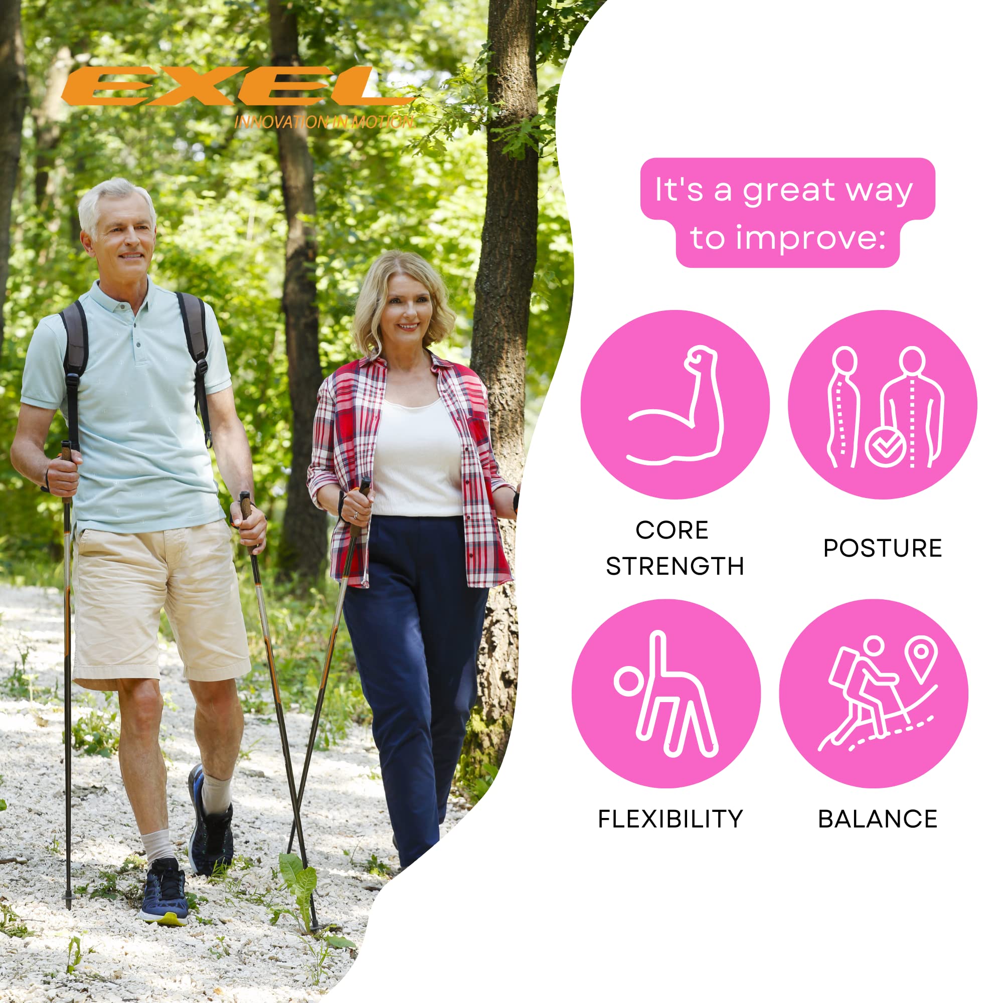 Exel Nordic Walking Poles for Seniors & All Ages - Lightweight Adjustable Trekking Poles for Hiking, Walking, Fitness & Outdoor Activities - Ergonomic Walking Sticks for Balance, Posture & Joint Support - Perfect for Trail Hikes, Urban Walking & Rehabilitation Exercises