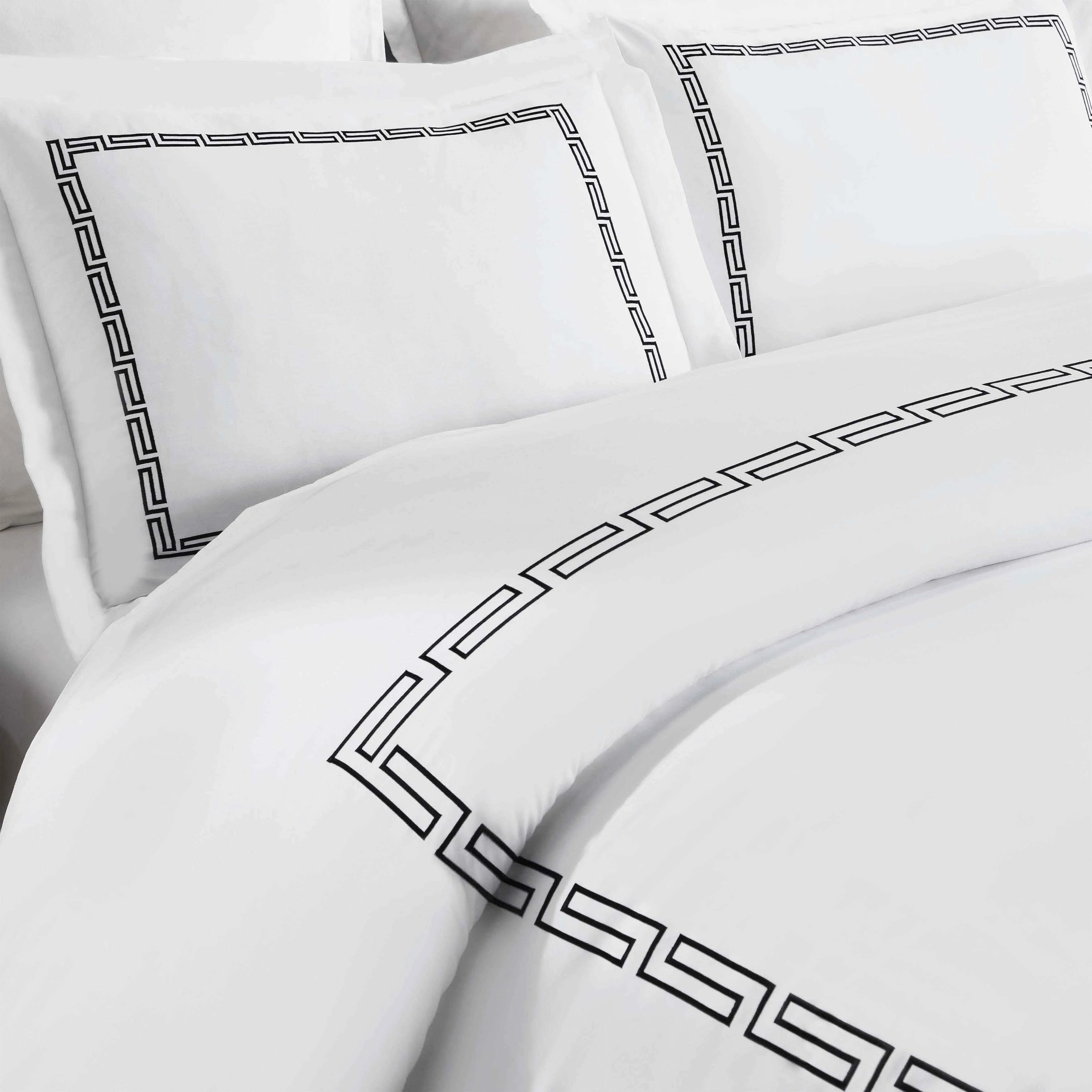 Harrison Cotton Greek Key Embroidered 3-Piece Duvet Cover Set - Queen Size Luxury Bedding for Master Bedroom & Guest Room Decor