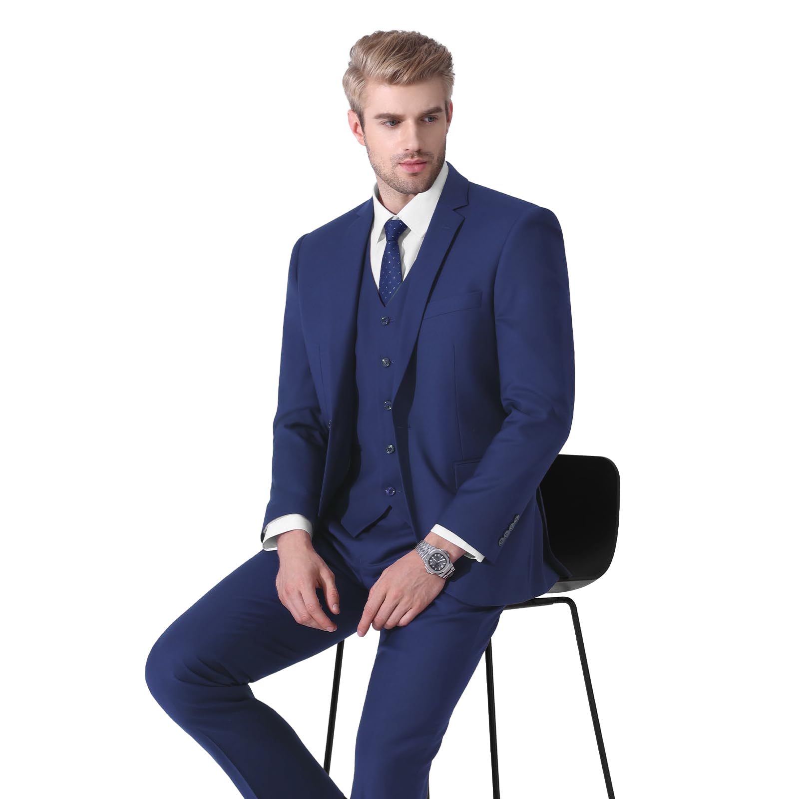 LUPURTY Men's 3 Piece Slim Fit Suit Set - One Button Tuxedo with Jacket, Vest & Pants + Free Tie | Formal Business Attire for Weddings, Interviews & Special Occasions