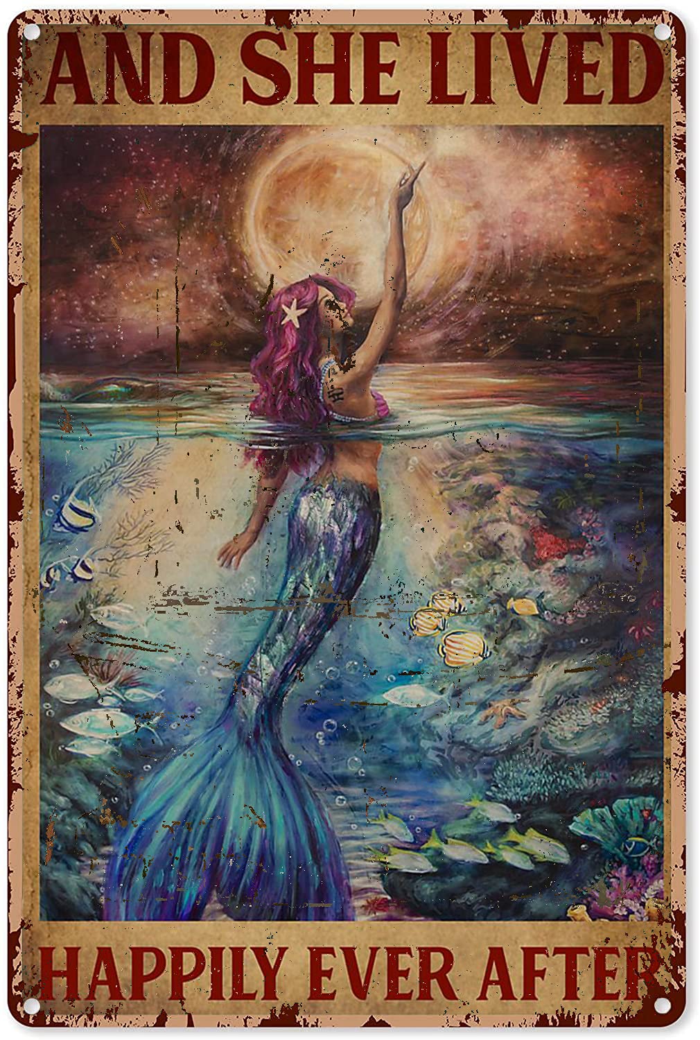 Vintage Mermaid Tin Sign Wall Decor - 12x8 Inch Retro Metal Poster for Girls Bedroom, Party & Outdoor Decorations | Perfect Mermaid Theme Room Decor, Birthday Gift & Beach House Wall Art