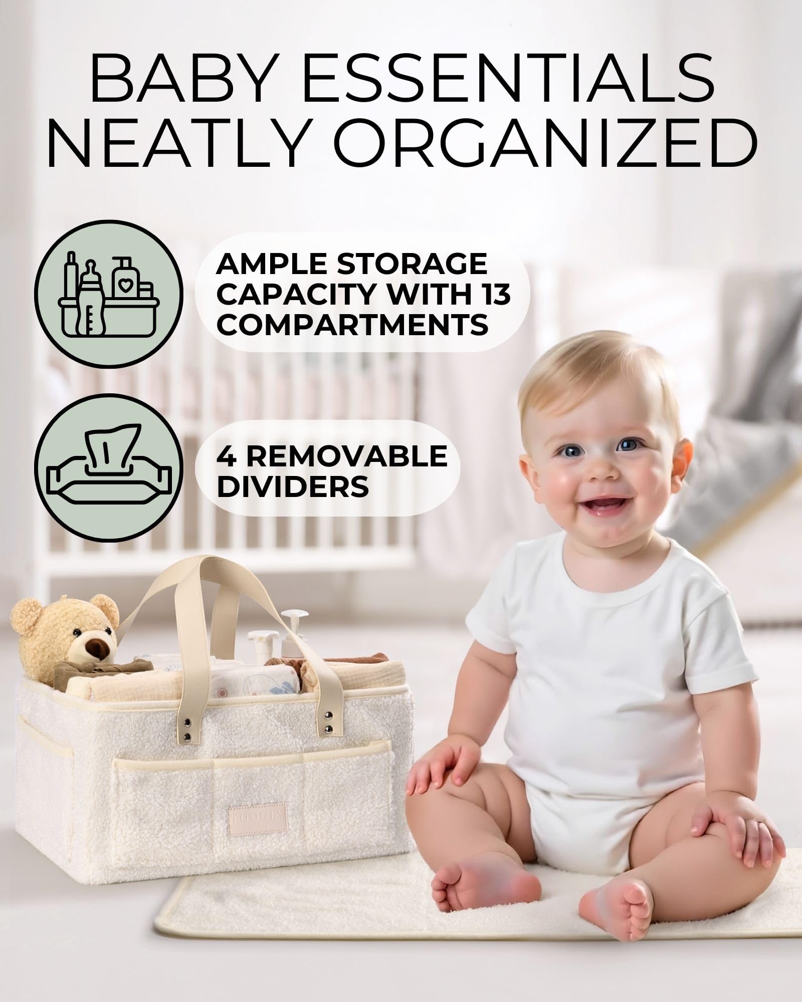 Portable Baby Diaper Caddy Organizer with Soft Teddy Fleece Changing Mat - Nursery Storage Basket for Diapers, Wipes & Essentials - Removable Dividers for Easy Organization - Perfect for Nursery, Bedroom or On-the-Go Diaper Changes