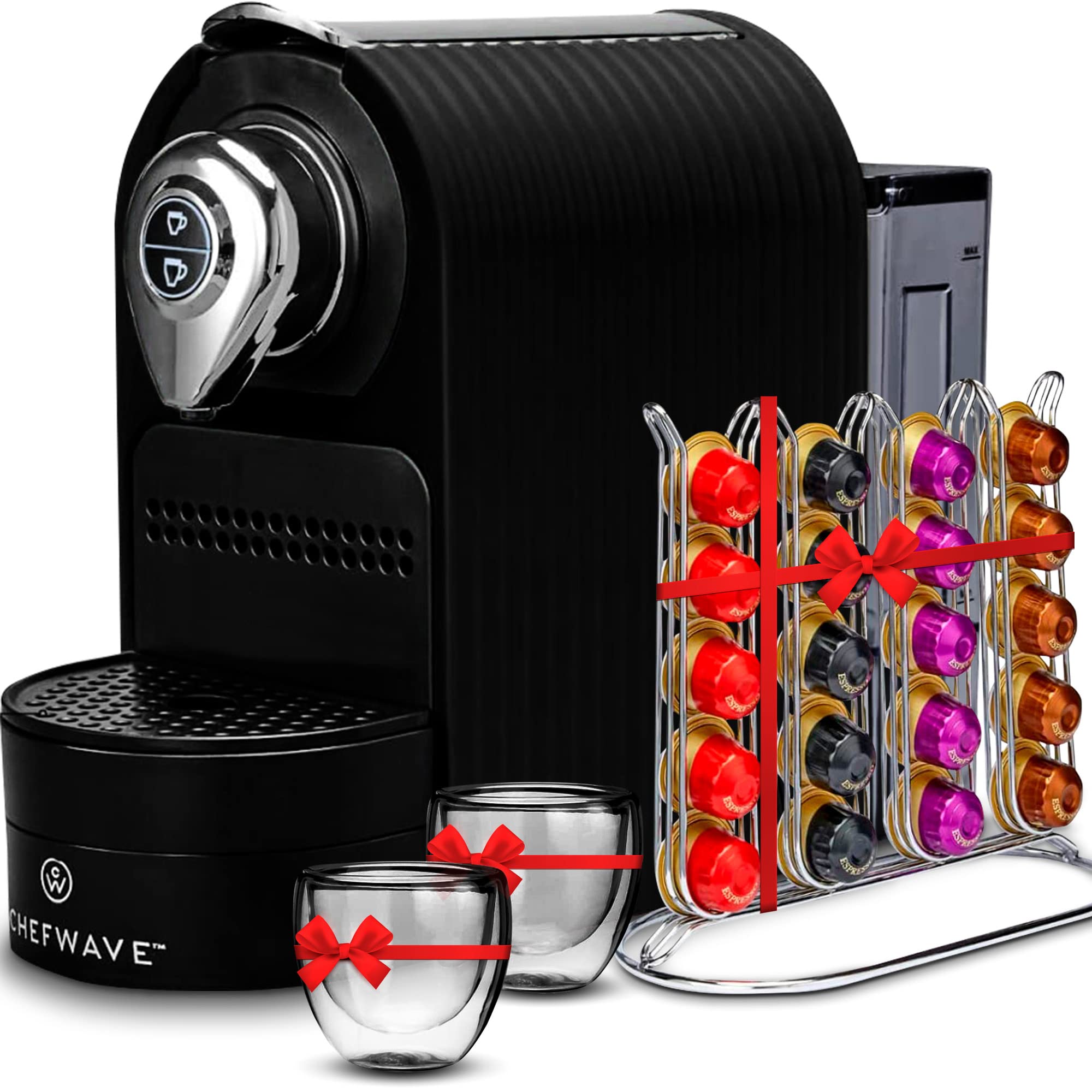 ChefWave Espresso Machine & Coffee Maker with 20 Bar Pump - Compatible with Nespresso Capsules, Programmable One-Touch Operation, Includes Pod Holder & Glasses (Black) - Perfect for Home, Office & Coffee Shops