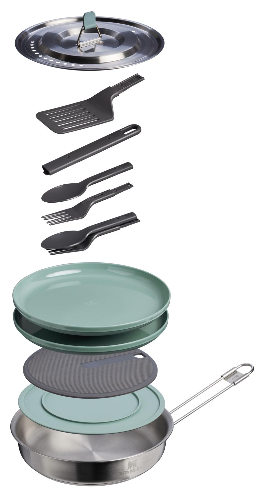 Stanley Wildfare Core 12-Piece Stainless Steel Camping Cookware Set with 1 Quart Fry Pan, Plates, Utensils & Spatula | Fold & Lock Handle | BPA-Free | Perfect for Outdoor Camping, Picnics & RV Trips