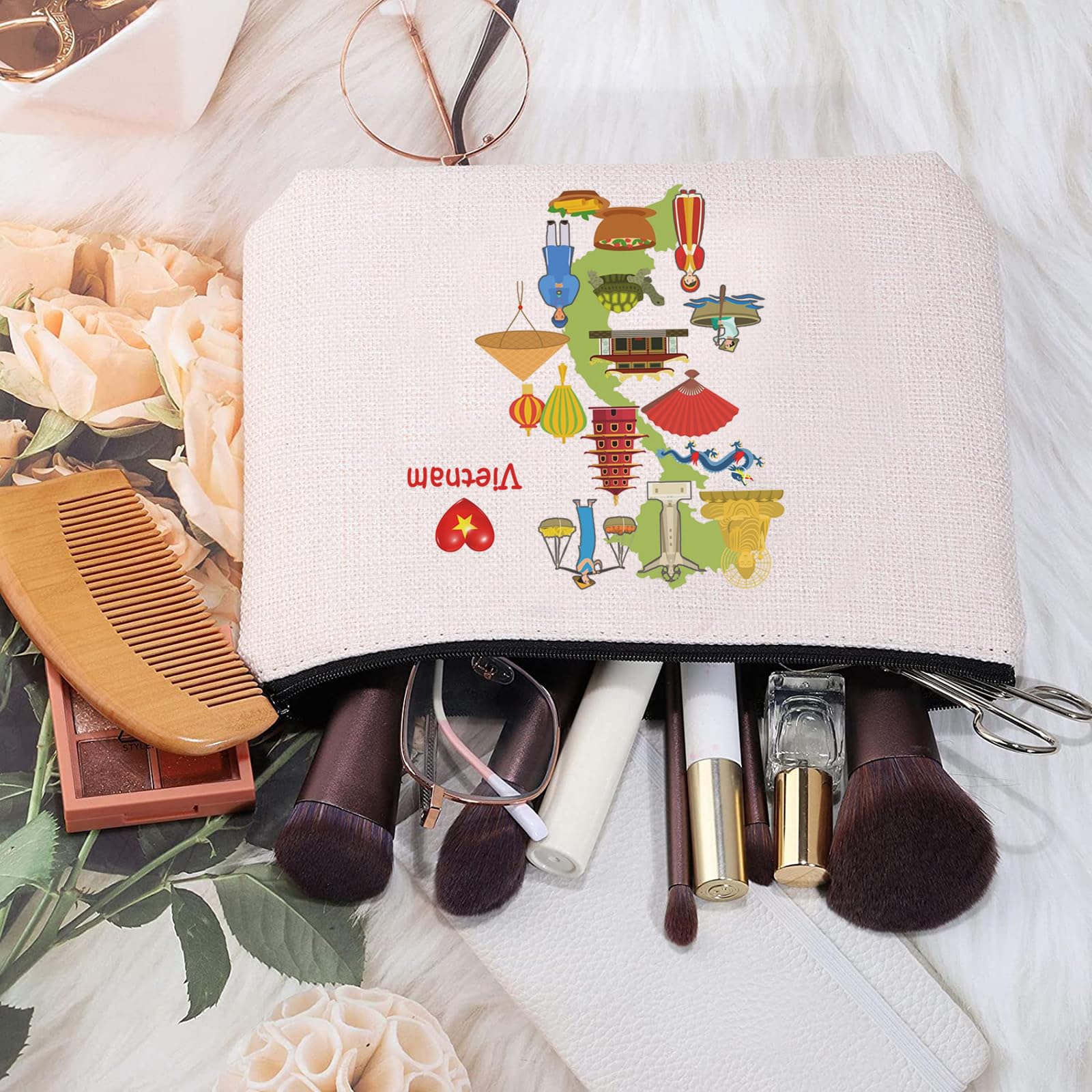 MEIKIUP Vietnam Themed Makeup Bag - Travel Gift for Vietnam Lovers, Holiday Vacation Souvenir, Vietnamese Culture Inspired Cosmetic Pouch - Perfect for Travel, Beach Trips & Festival Essentials