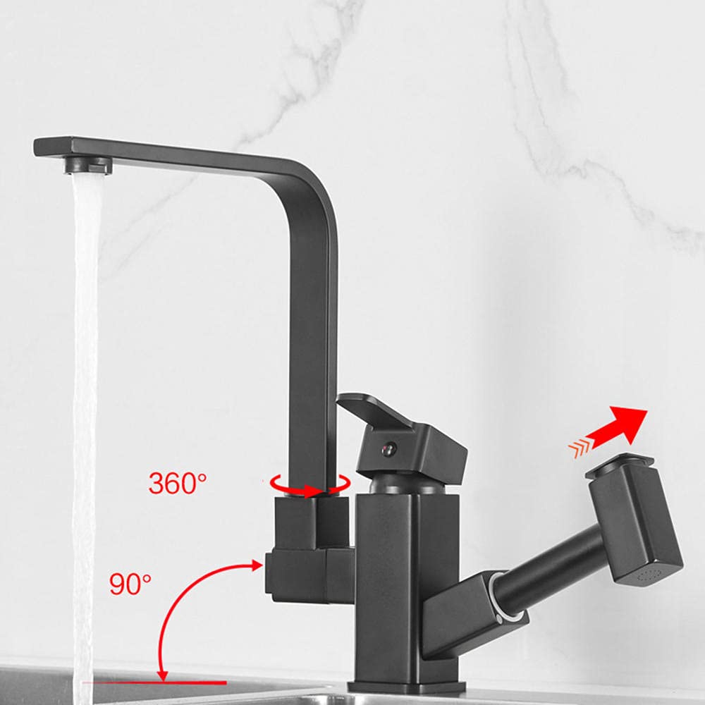 Black Pull-Down Kitchen Sink Faucet with Sprayer - Solid Brass Modern Waterfall Mixer Tap for Farmhouse & RV - Perfect for Washing Dishes, Filling Pots & Cleaning Large Sinks