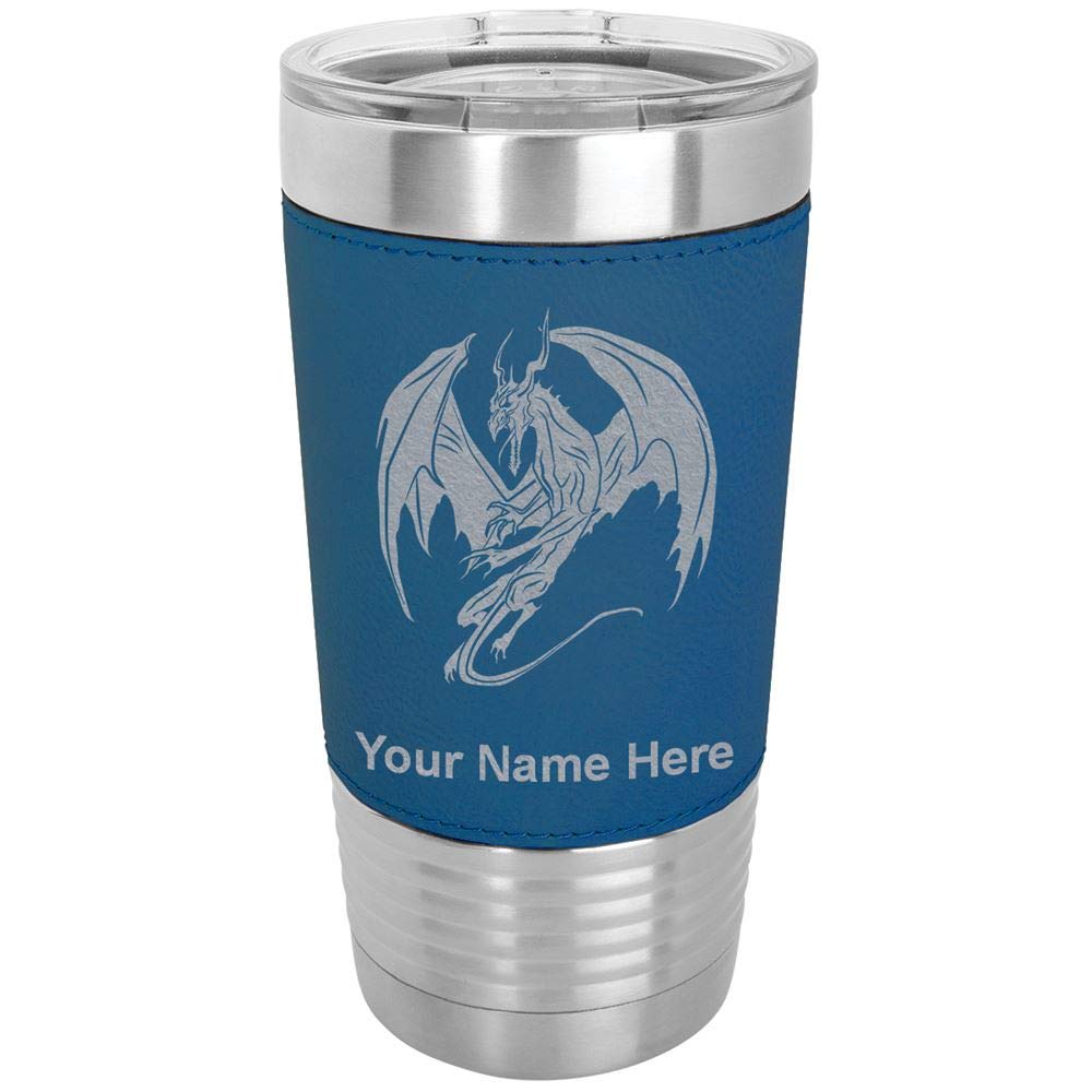 LaserGram 20oz Vacuum Insulated Stainless Steel Tumbler Mug with Leakproof Lid - Personalized Engraved Dragon Design, Faux Leather Base & Blue Finish - Perfect for Coffee, Tea, Cold Drinks at Home, Office or Travel