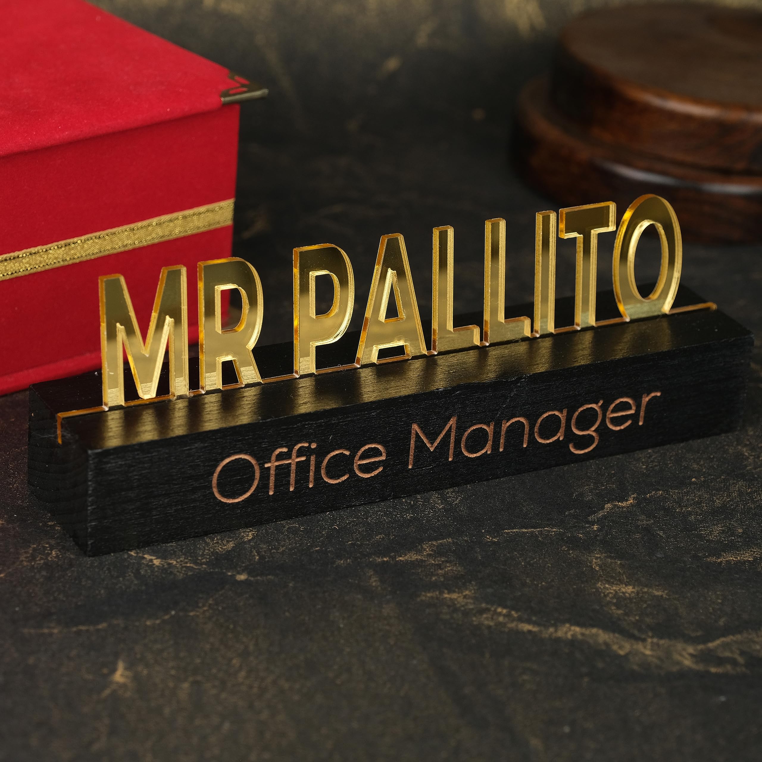 Custom Gold Acrylic on Black Wood Personalized Desk Name Plate - Elegant Office Desk Sign for Professionals | Perfect for Corporate Gifts, Executive Desks & Home Office Decor