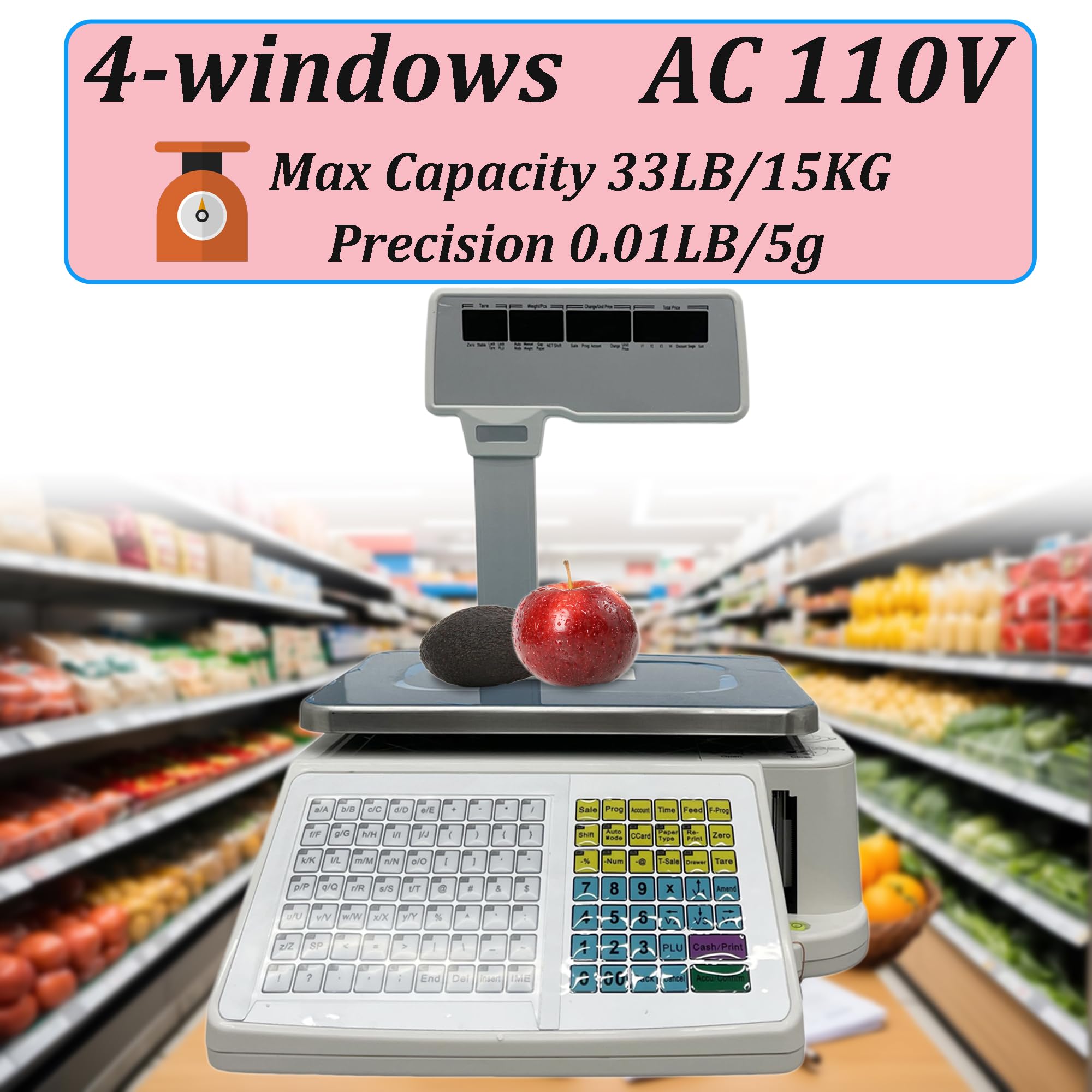 INTSUPERMAI 30lbs Digital Price Computing Scale with Thermal Label Printer - 4 Display Windows & Pole - Double-sided Commercial Supermarket Scale for Retail, Grocery, and Warehouse Use