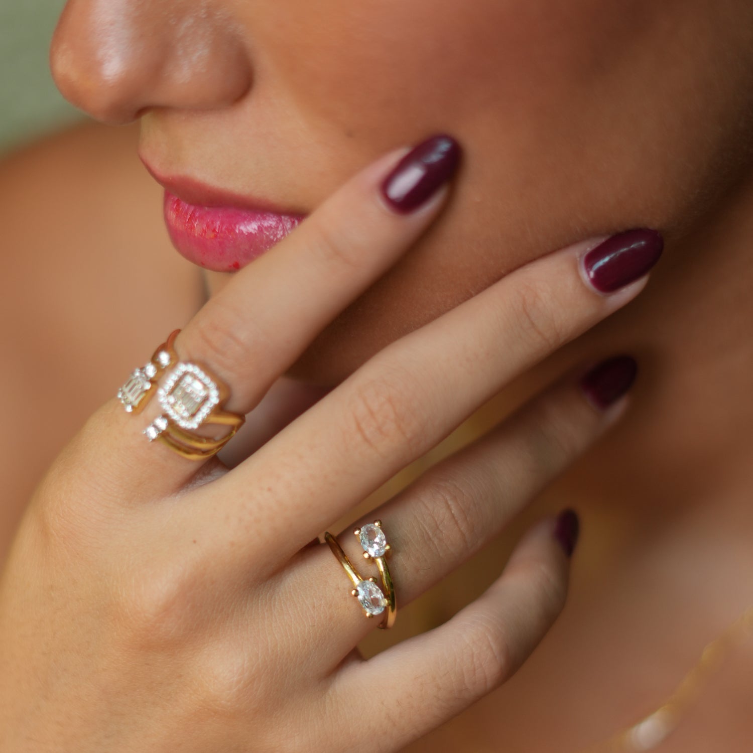 Double Diamond Stone & Gold Adjustable Ring for Women - Elegant Dainty Stackable Band for Everyday Wear, Gift, Wedding & Special Occasions
