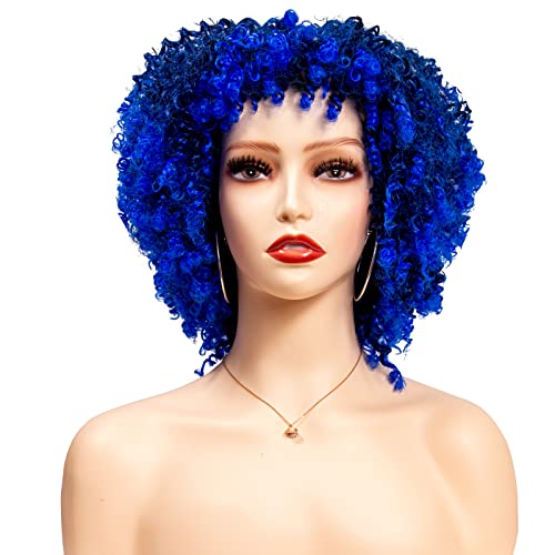 BYBENTY 14Inch Short Afro Kinky Curly Wig with Bangs for Black Women - Heat Resistant Synthetic Fluffy Bomb Big Wig (1B/Blue) - Perfect for Halloween Party, Christmas Cosplay, Daily Wear & Kids Costume