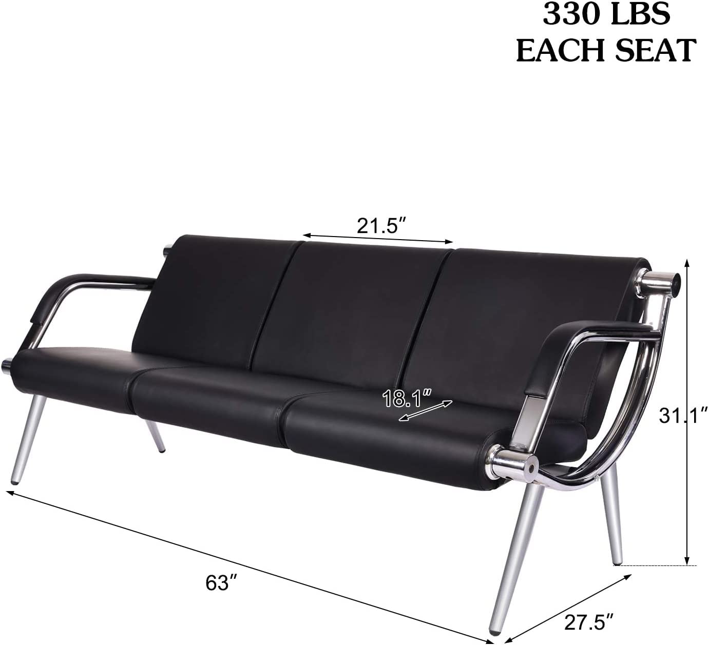Black PU Leather Waiting Room Chairs - 3-Seat Reception Bench with Armrests for Airport, Hospital, Bank, Salon & Barber Shop | Durable & Comfortable Seating Solution for High-Traffic Areas