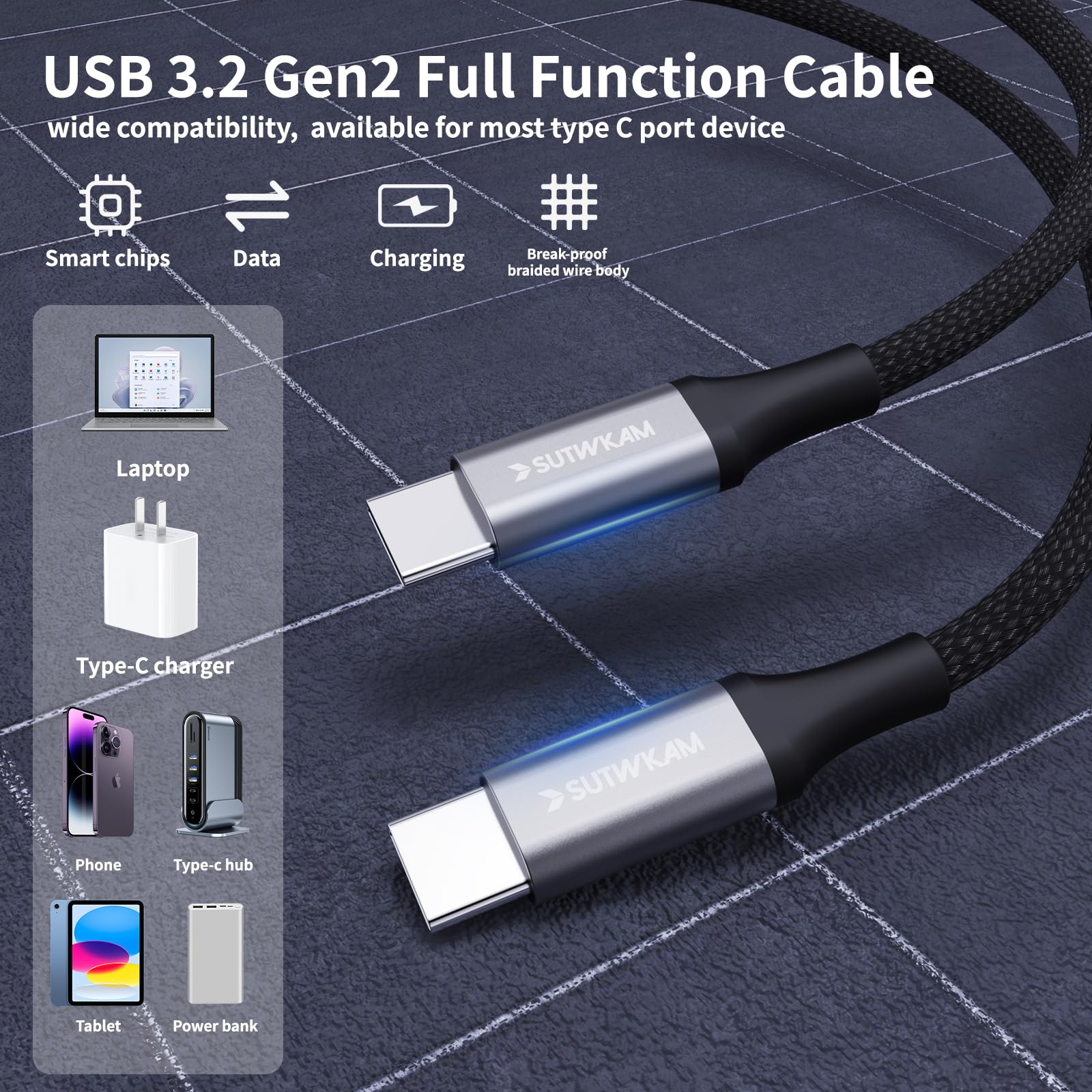 Premium USB C 3.2 Gen 2 Cable - 100W Fast Charging & 20Gbps High-Speed Data Transfer - Supports 4K Video - Compatible with MacBook, iPhone 15, Samsung Galaxy, iPad, Thunderbolt 3/4 Devices - Perfect for Home Office, Gaming & Travel Charging